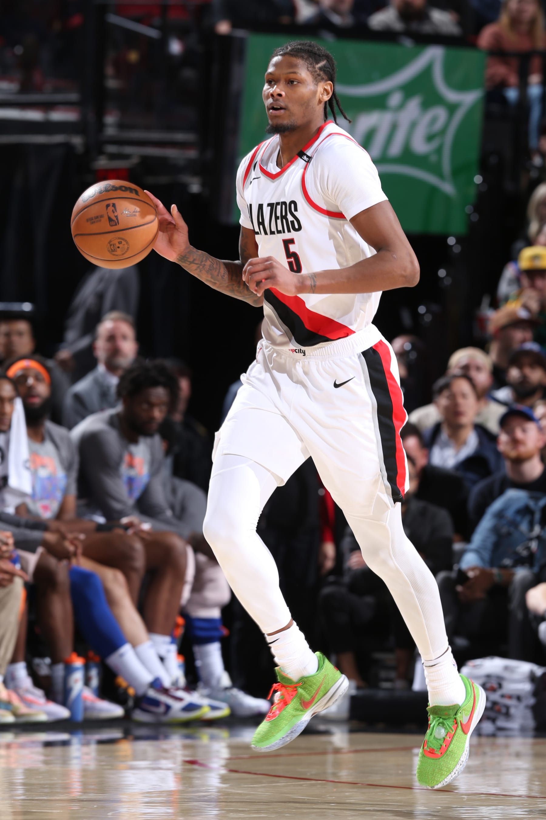 PORTLAND, OR - MARCH 14:  Cam Reddish #5 of the Portland Trail Blazers goes to the basket during the game  on March 14, 2023 at the Moda Center Arena in Portland, Oregon. NOTE TO USER: User expressly acknowledges and agrees that, by downloading and or using this photograph, user is consenting to the terms and conditions of the Getty Images License Agreement. Mandatory Copyright Notice: Copyright 2023 NBAE (Photo by Sam Forencich/NBAE via Getty Images)