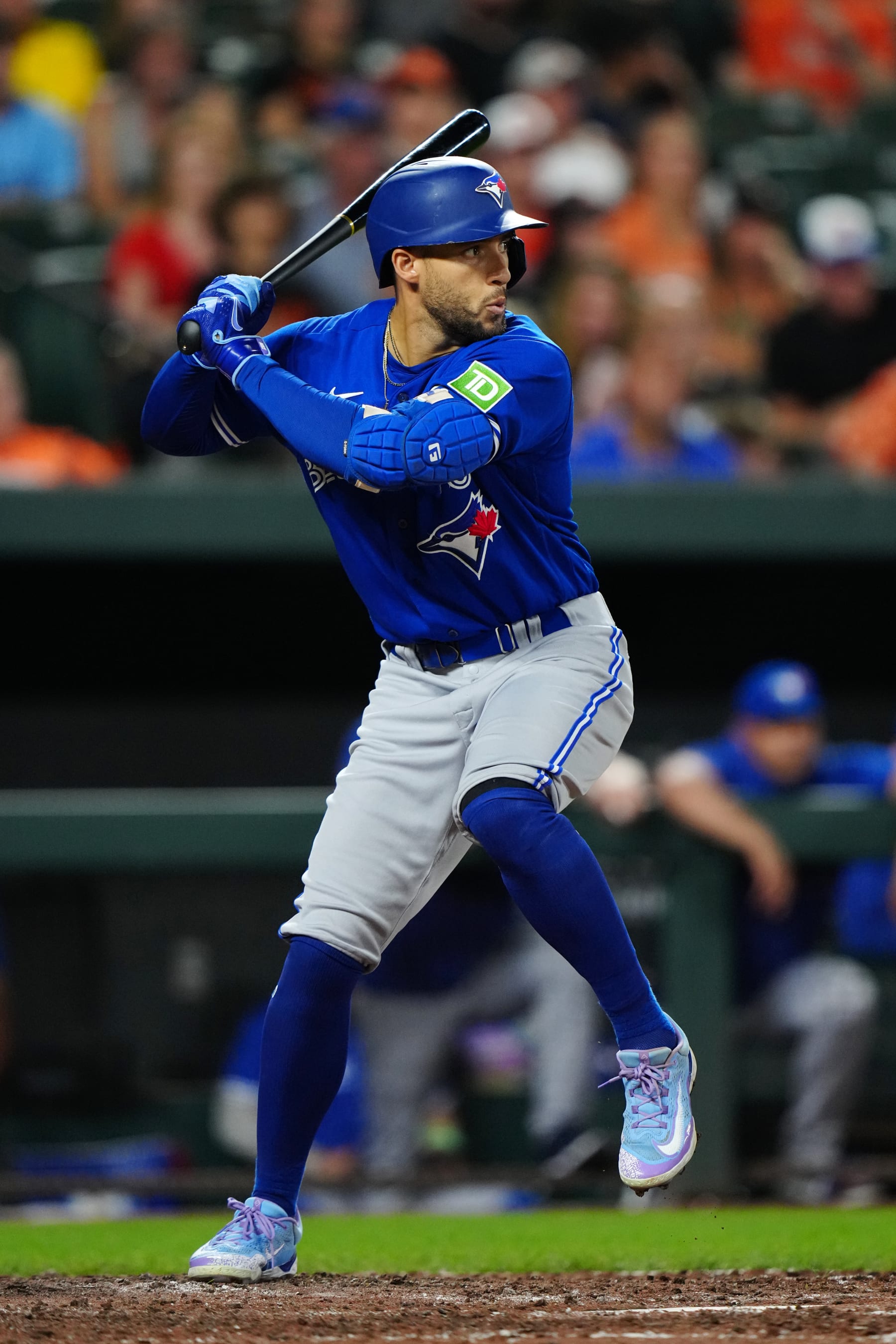 BALTIMORE, MD - AUGUST 24: George Springer #4 of the Toronto Blue Jays bats during the game between the Toronto Blue Jays and the Baltimore Orioles at Oriole Park at Camden Yards on Thursday, August 24, 2023 in Baltimore, Maryland. (Photo by Daniel Shirey/MLB Photos via Getty Images)