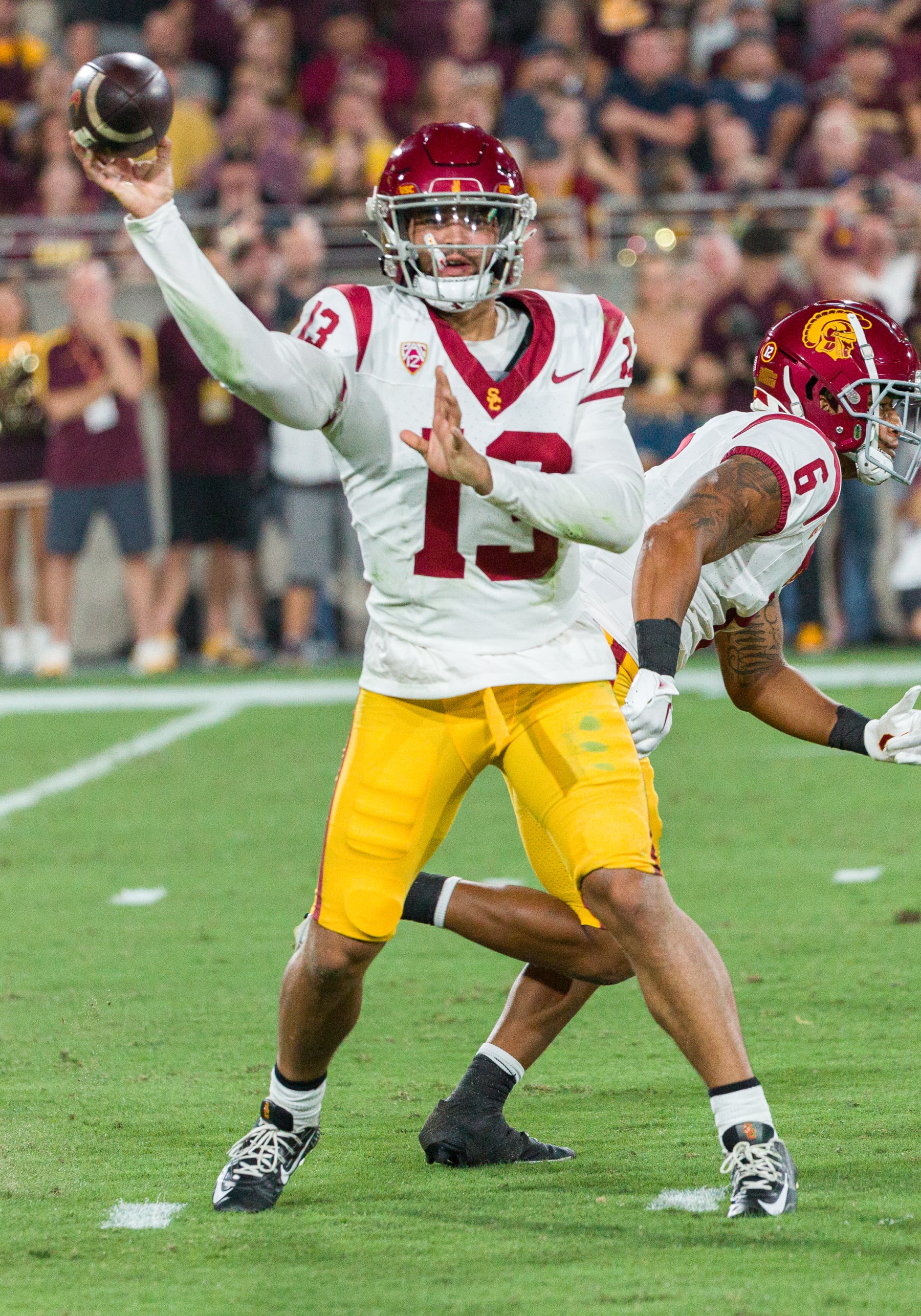 TEMPE, AZ - SEPTEMBER 23: USC Trojans quarterback Caleb Williams (13) throws a pass during the NCAA College Football game between the USC Trojans and Arizona State Sun Devils on Saturday, September 23, 2023 at Mountain America Stadium in Tempe, Arizona. (Photo by Adam Bow/Icon Sportswire via Getty Images)
