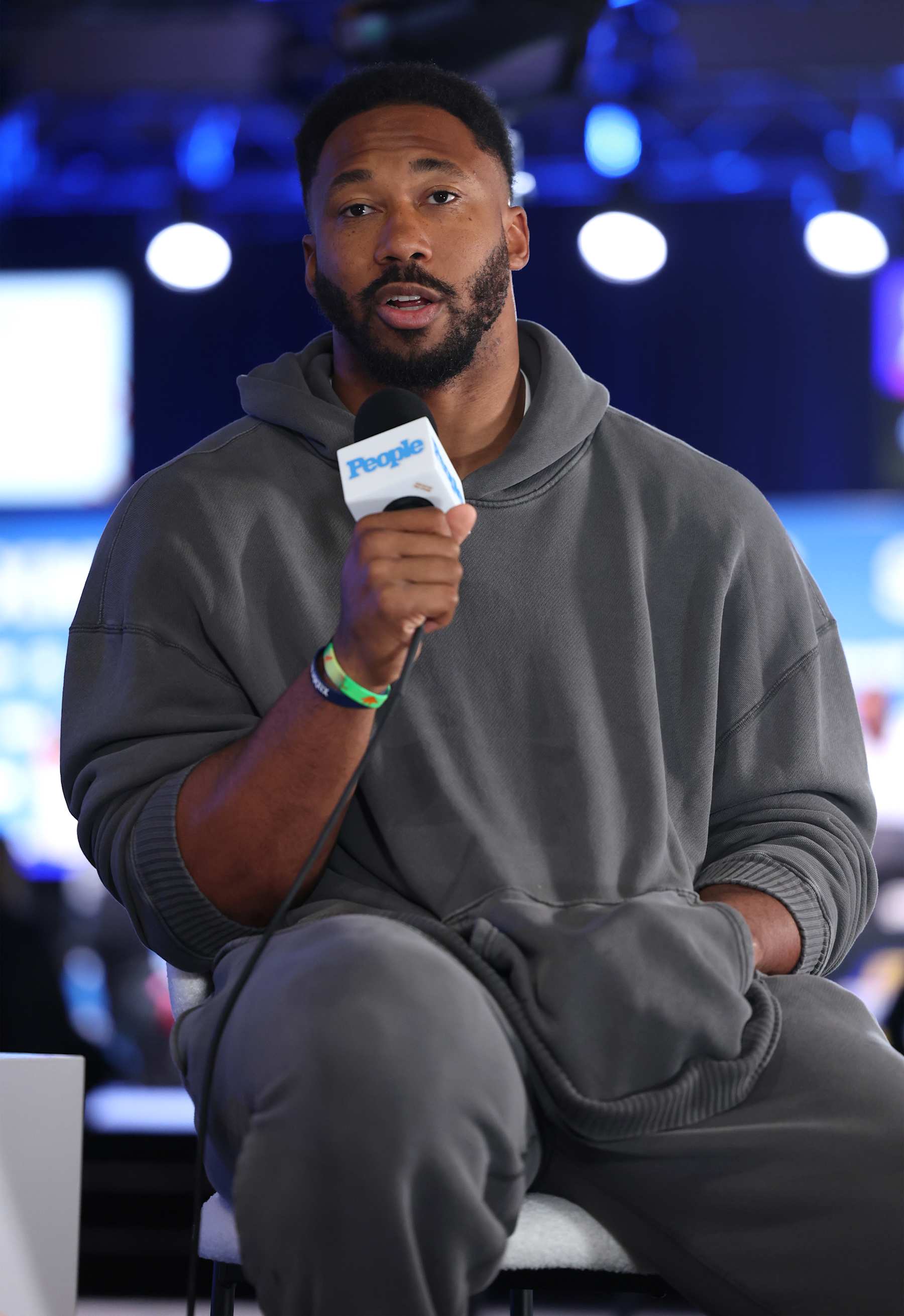 NEW ORLEANS, LOUISIANA - FEBRUARY 05: Myles Garrett visits SiriusXM at Super Bowl LIX on February 05, 2025 in New Orleans, Louisiana. (Photo by Cindy Ord/Getty Images for SiriusXM)
