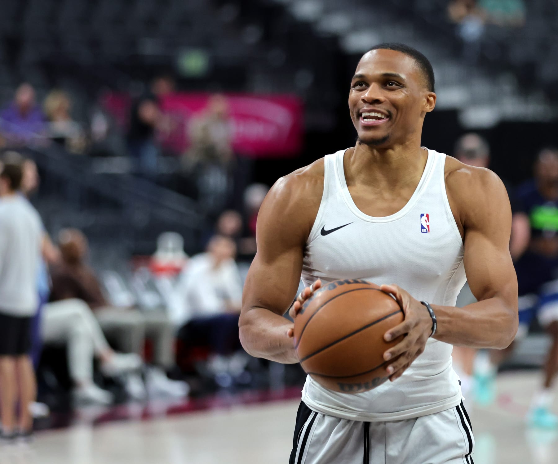 LAS VEGAS, NEVADA - OCTOBER 06: Russell Westbrook #0 of the Los Angeles Lakers shoots baskets before a preseason game against the Minnesota Timberwolves at T-Mobile Arena on October 06, 2022 in Las Vegas, Nevada. The Timberwolves defeated the Lakers 114-99. NOTE TO USER: User expressly acknowledges and agrees that, by downloading and or using this photograph, User is consenting to the terms and conditions of the Getty Images License Agreement. (Photo by Ethan Miller/Getty Images)