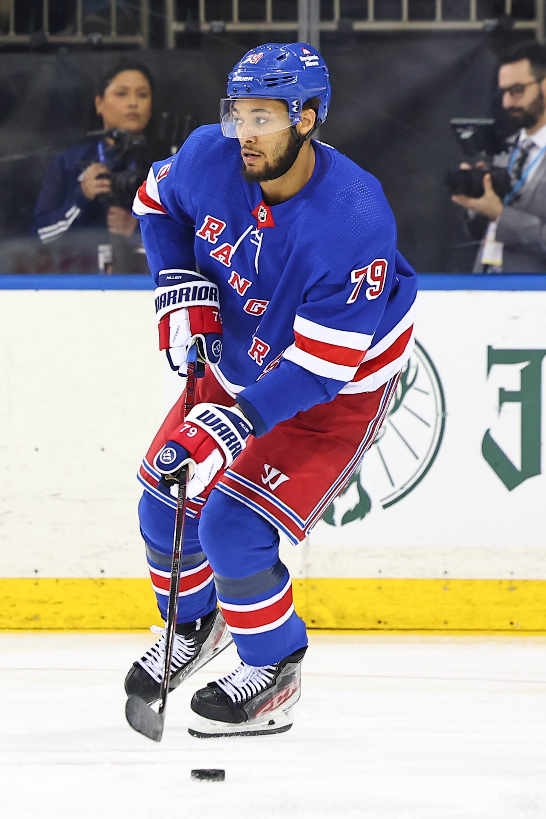 NEW YORK, NY - MAY 30: K'Andre Miller #79 of the New York Rangers skates during  the National Hockey League Eastern Conference Final game 5 against the Florida Panthers on May 30, 2024 at Madison Square Garden in New York.  (Photo by Rich Graessle/Icon Sportswire via Getty Images)