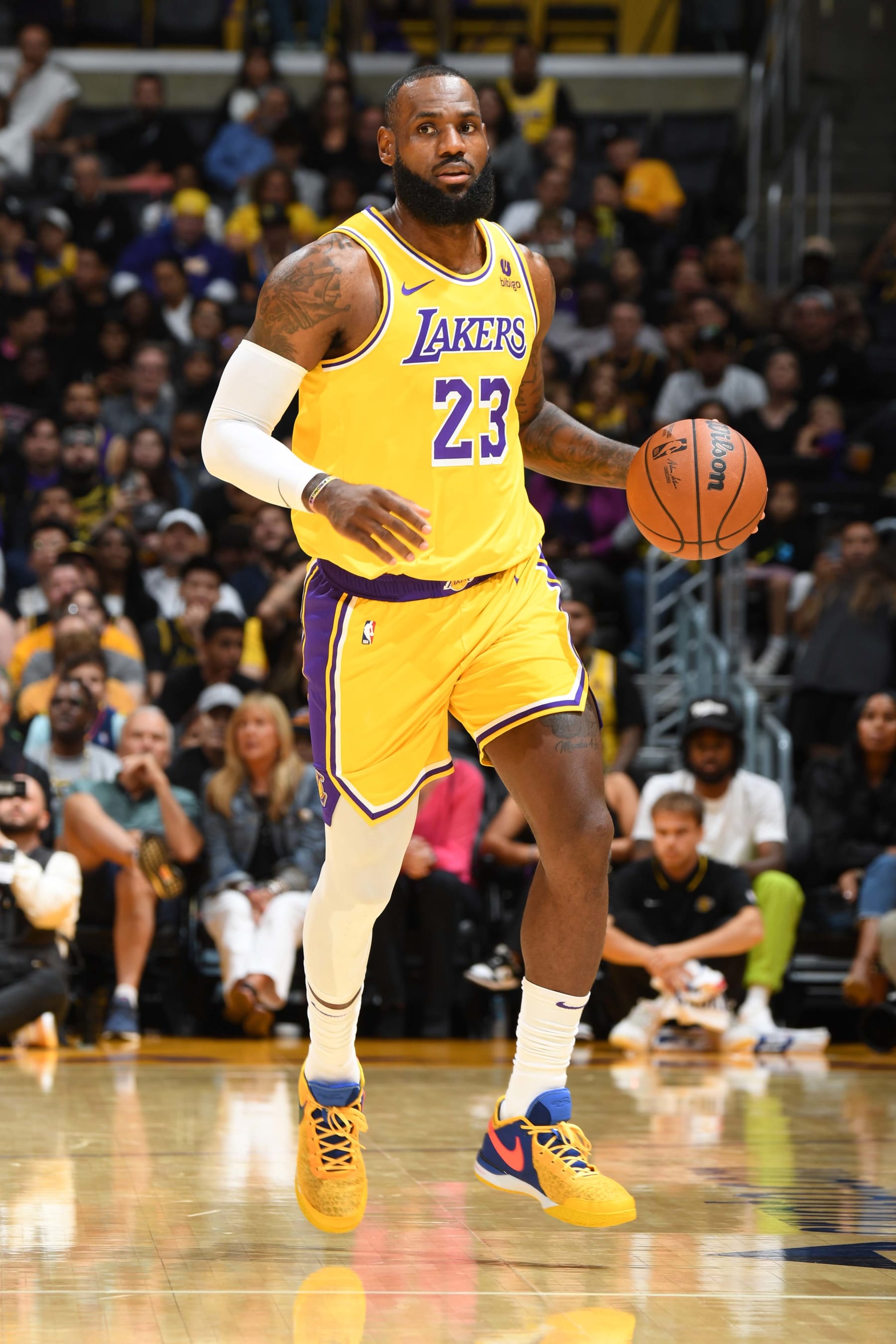 LOS ANGELES, CA - OCTOBER 13: LeBron James #23 of the Los Angeles Lakers handles the ball during the game against the Golden State Warriors on October 13, 2023 at Crypto.Com Arena in Los Angeles, California. NOTE TO USER: User expressly acknowledges and agrees that, by downloading and/or using this Photograph, user is consenting to the terms and conditions of the Getty Images License Agreement. Mandatory Copyright Notice: Copyright 2023 NBAE (Photo by Andrew D. Bernstein/NBAE via Getty Images)
