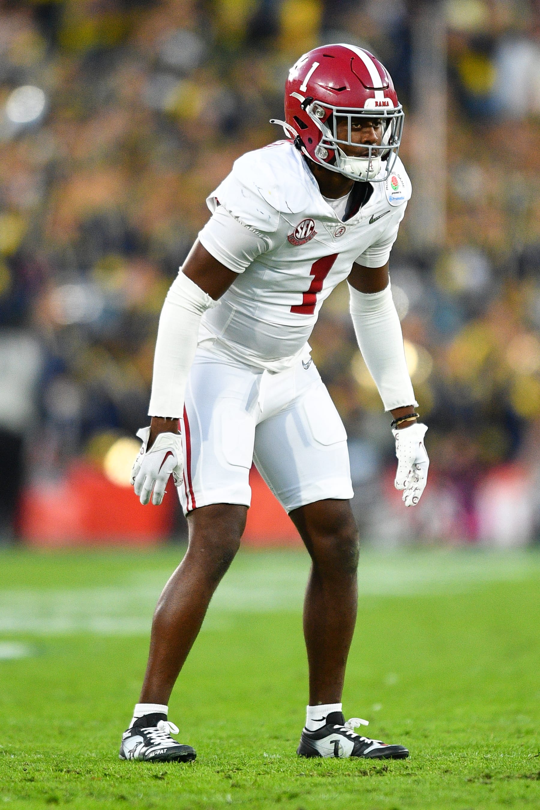 PASADENA, CA - JANUARY 01: DB Kool-Aid McKinstry (1) of the Alabama Crimson Tide looks on during the Alabama Crimson Tide game versus the Michigan Wolverines CFP Semifinal at the Rose Bowl Game on January, 1, 2024, at the Rose Bowl Stadium in Pasadena, CA. (Photo by Brian Rothmuller/Icon Sportswire via Getty Images)