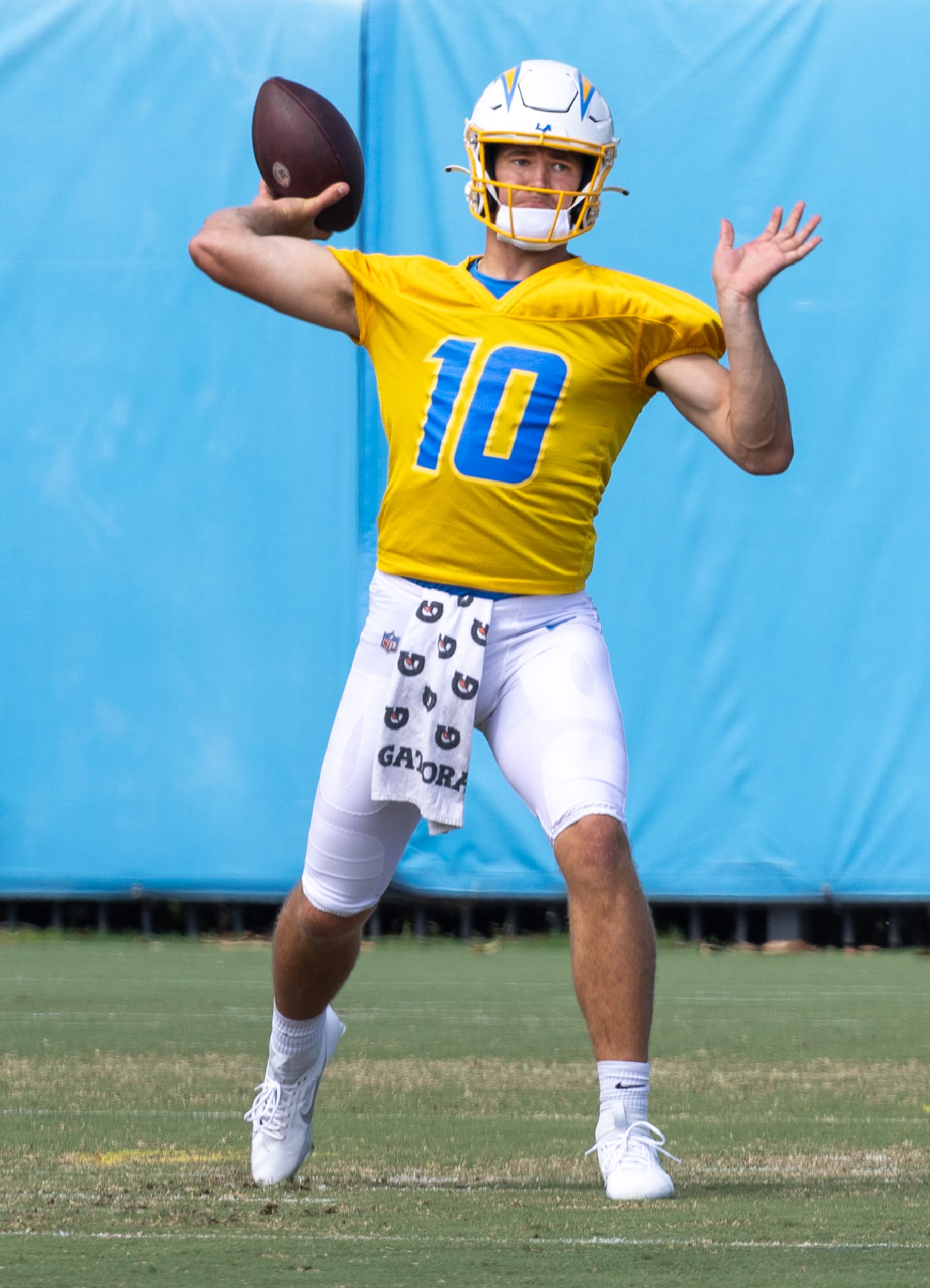 Costa Mesa, CA - June 13: Chargers quarterback Justin Herbert throws a pass during practice at the Chargers mini camp at Hoag Performance Center in Costa Mesa Thursday, June 13, 2024.  (Allen J. Schaben / Los Angeles Times via Getty Images)