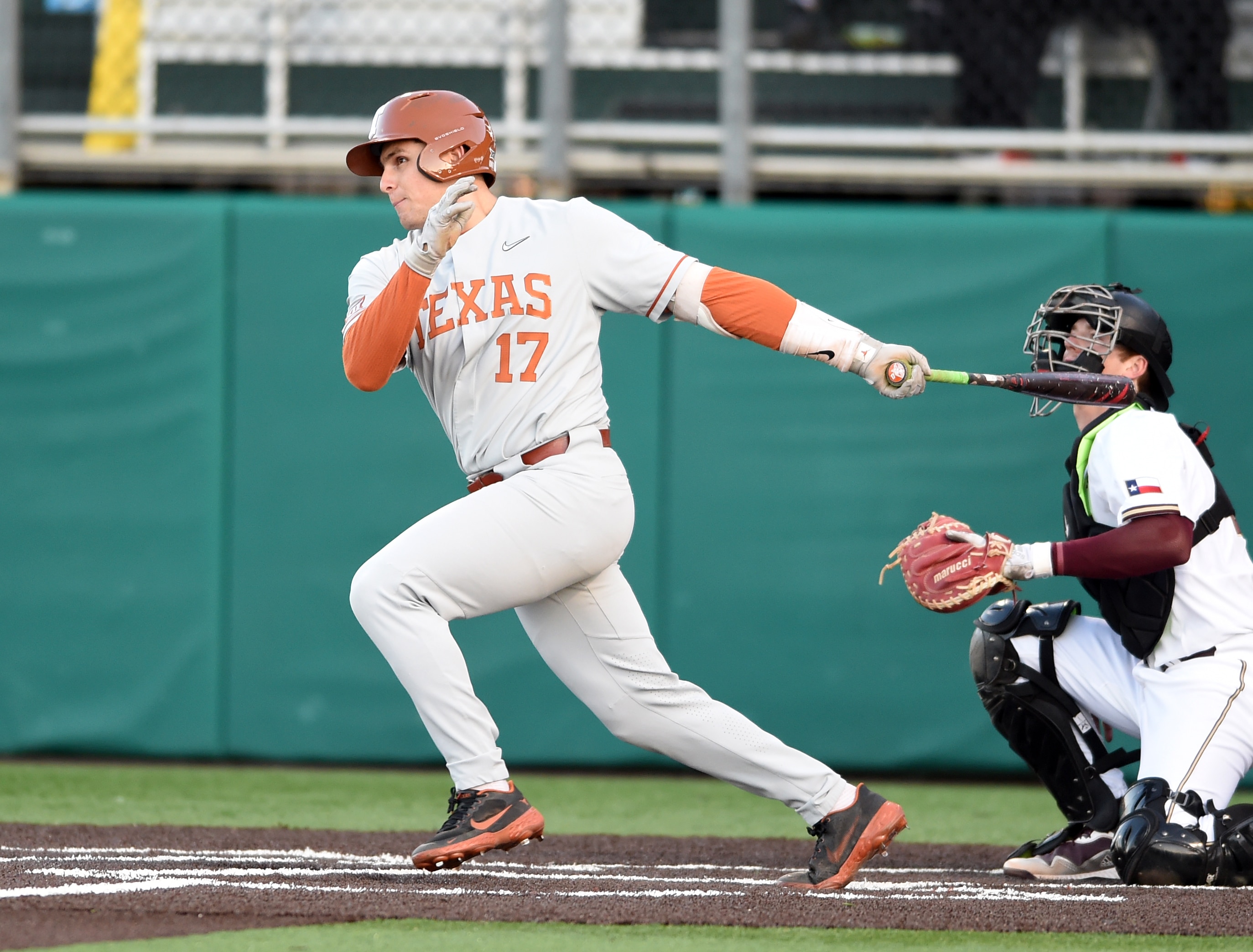 SAN MARCOS, TX - MARCH 08: Texas Longhorns infielder Ivan Melendez (17) gets a hit during game between the Texas Longhorns and the Texas State Bobcats on March 8, 2022 at Bobcat Ballpark in San Marcos, TX. (Photo by John Rivera/Icon Sportswire via Getty Images)
