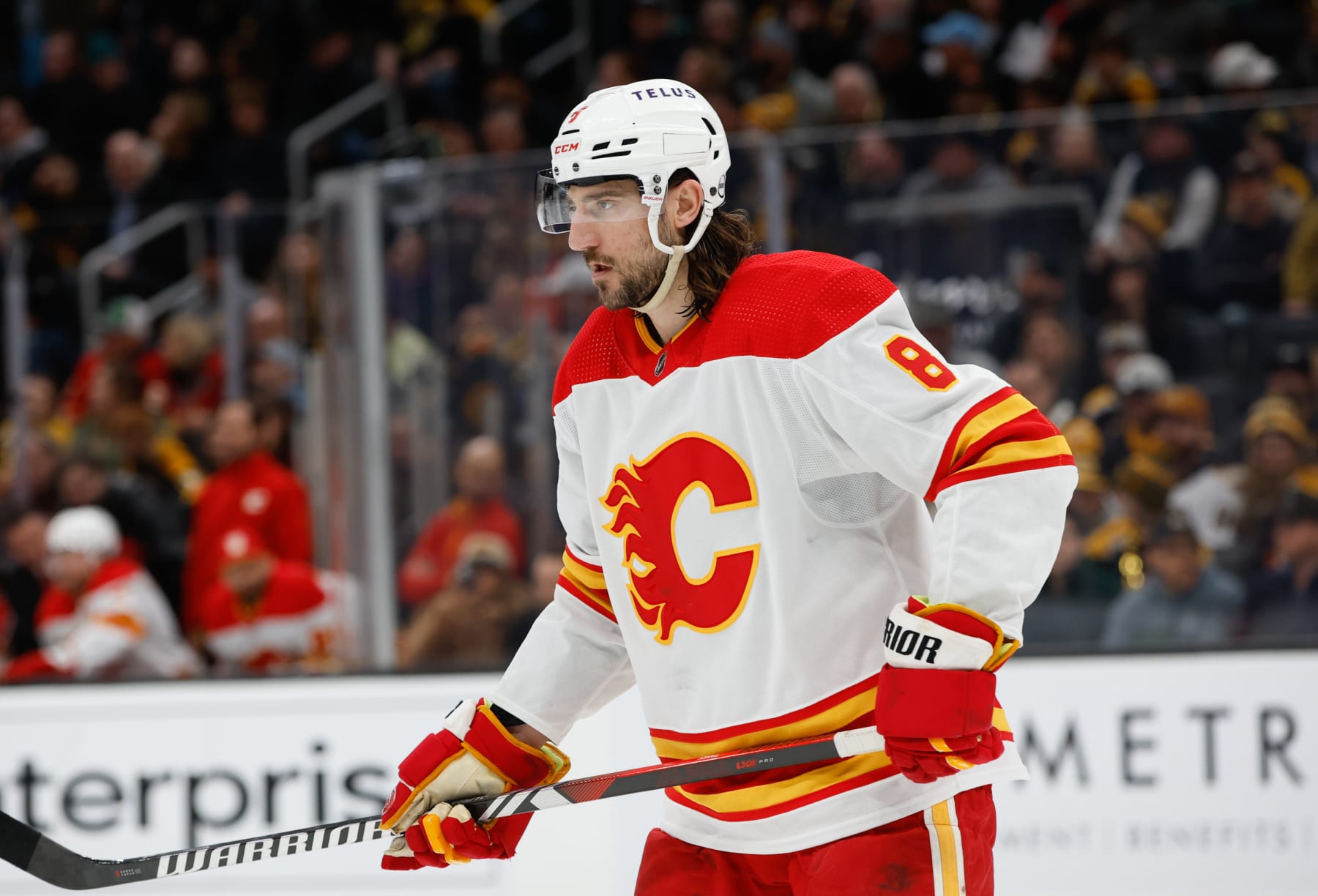 BOSTON, MASSACHUSETTS - FEBRUARY 6: Chris Tanev #8 of the Calgary Flames skates against the Boston Bruins during the third period at the TD Garden on February 6, 2024 in Boston, Massachusetts. The Flames won 4-1. (Photo by Richard T Gagnon/Getty Images)
