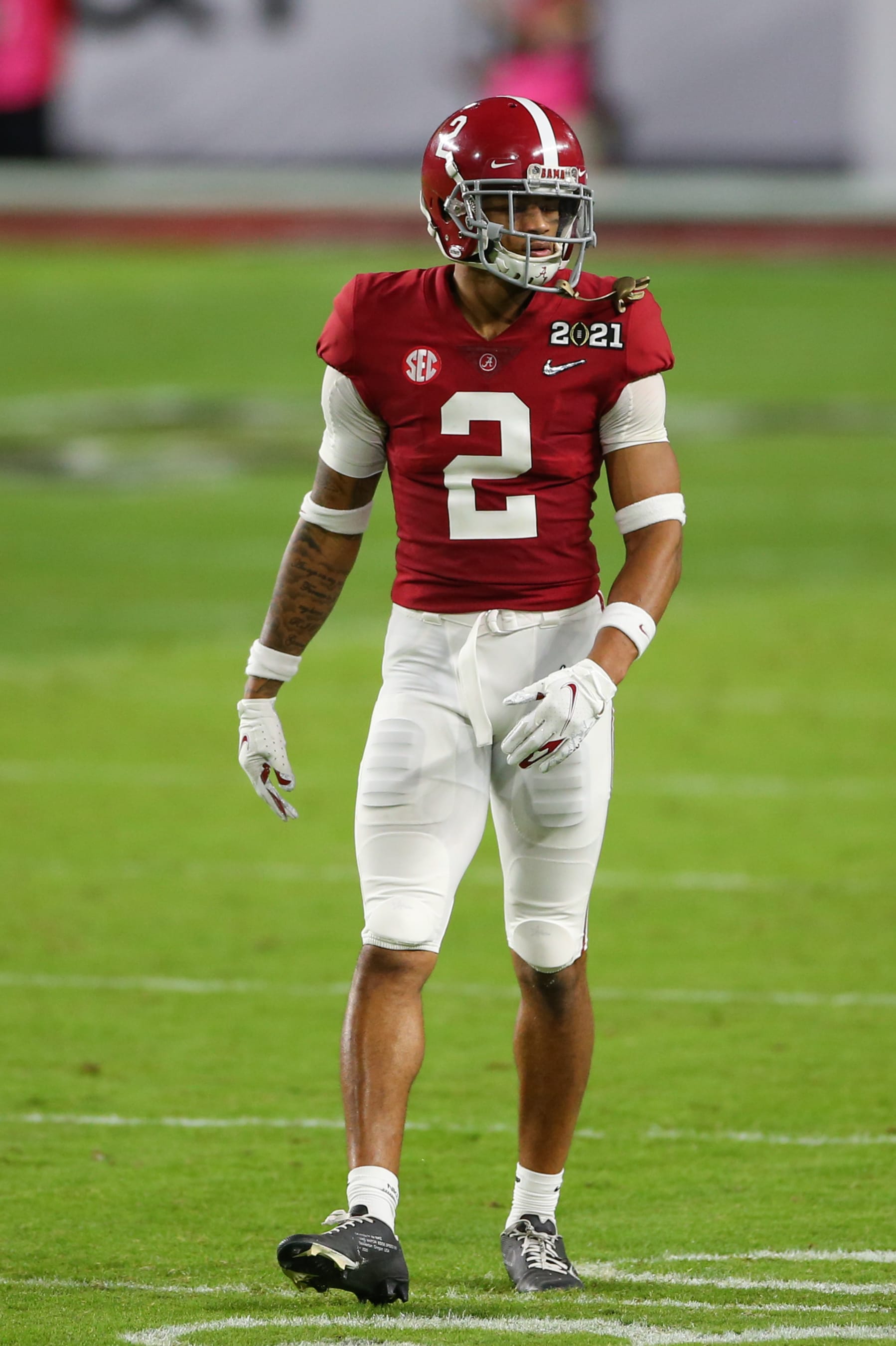 MIAMI GARDENS, FL - JANUARY 11: Alabama Crimson Tide defensive back Patrick Surtain II (2) during the CFP National Championship game between the Alabama Crimson Tide and the Ohio State Buckeyes on January 11, 2021 at Hard Rock Stadium in Miami Gardens, Fl. (Photo by David Rosenblum/Icon Sportswire via Getty Images)