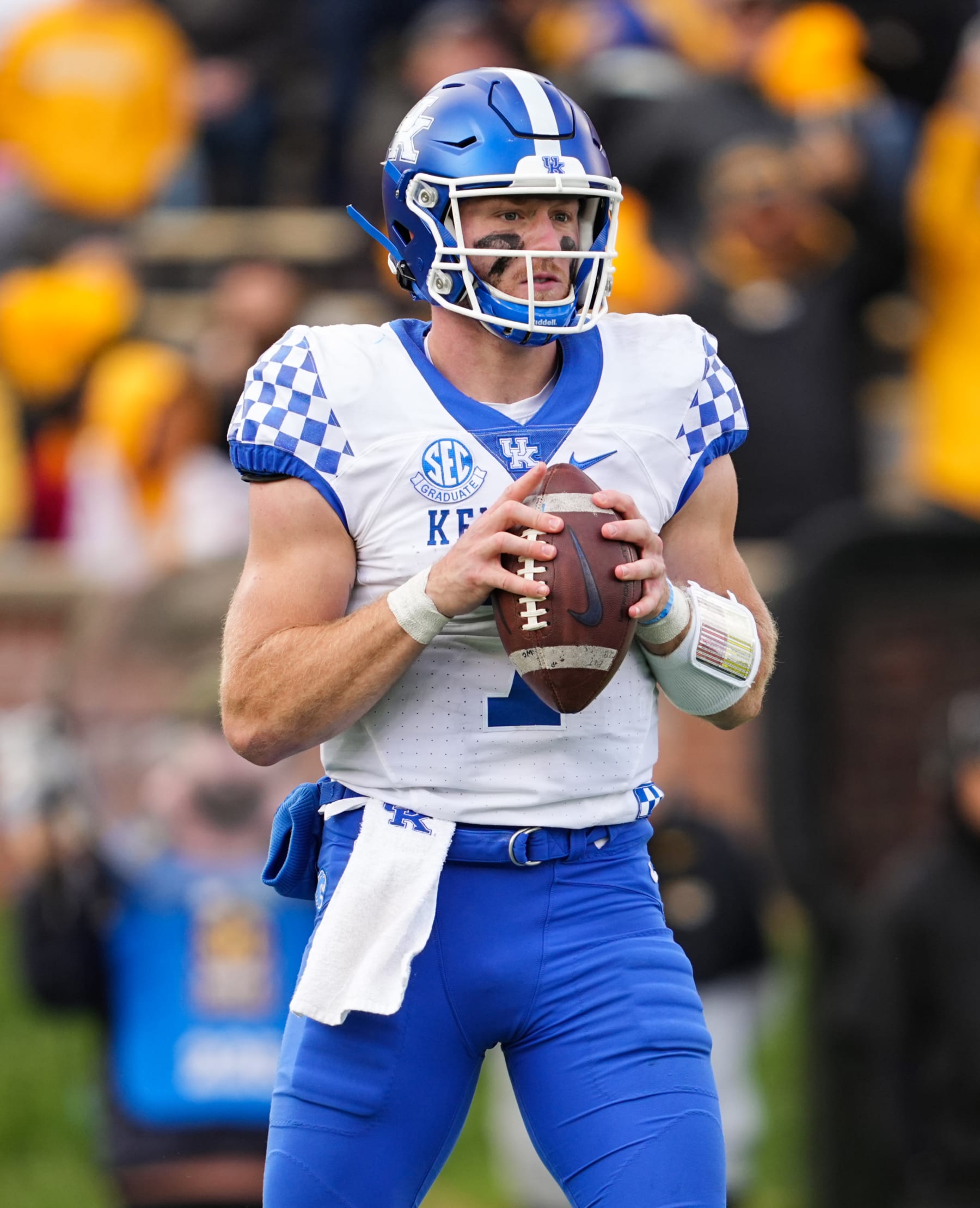COLUMBIA, MO - NOVEMBER 05: Will Levis #7 of the Kentucky Wildcats drops back to pass during the second half against the Missouri Tigers at Faurot Field/Memorial Stadium on November 5, 2022 in Columbia, Missouri. (Photo by Jay Biggerstaff/Getty Images)
