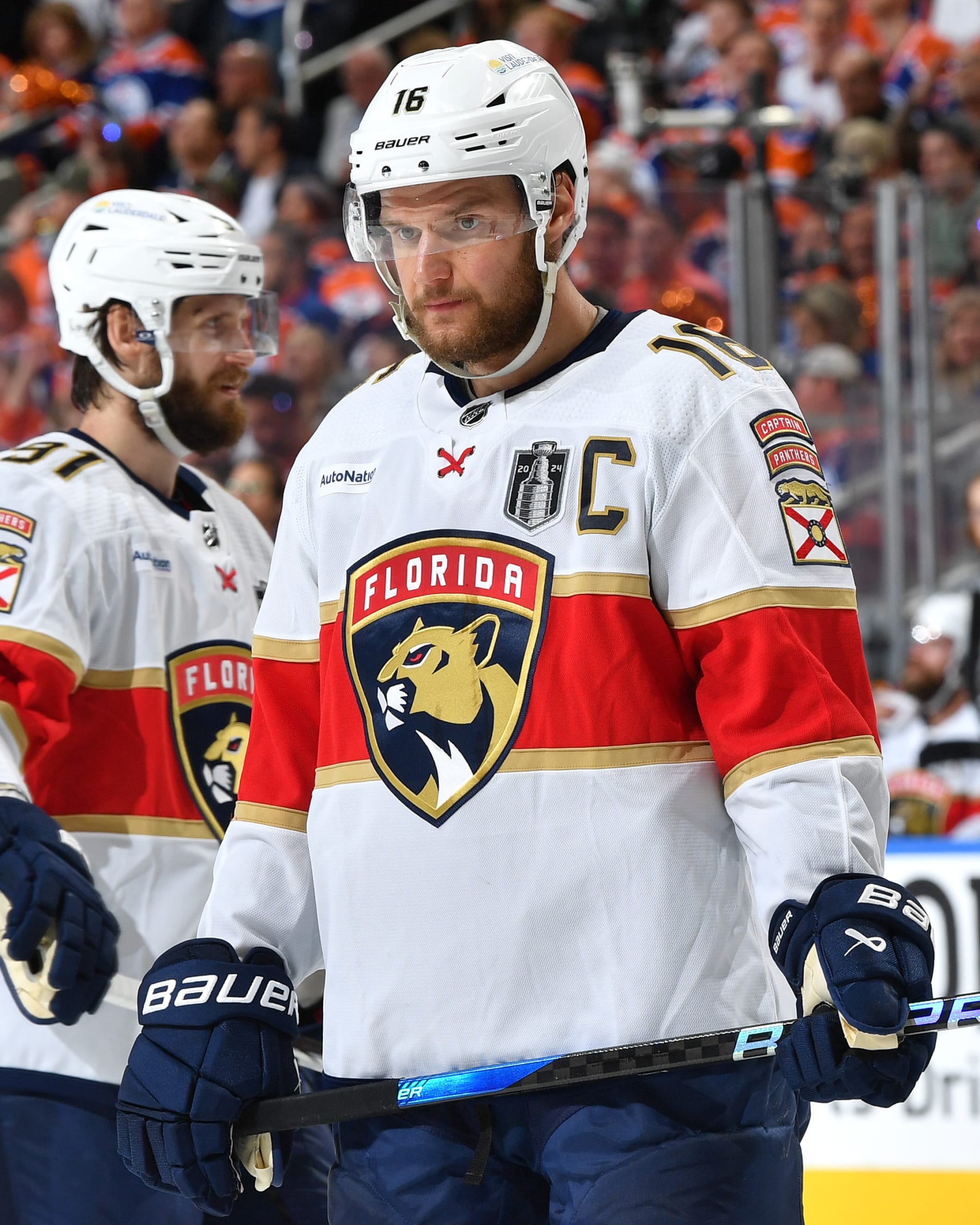EDMONTON, CANADA - JUNE 15: Aleksander Barkov #16 of the Florida Panthers awaits a face-off during Game Four of the 2024 Stanley Cup Final against the Edmonton Oilers at Rogers Place on June 15, 2024, in Edmonton, Alberta, Canada. (Photo by Andy Devlin/NHLI via Getty Images)
