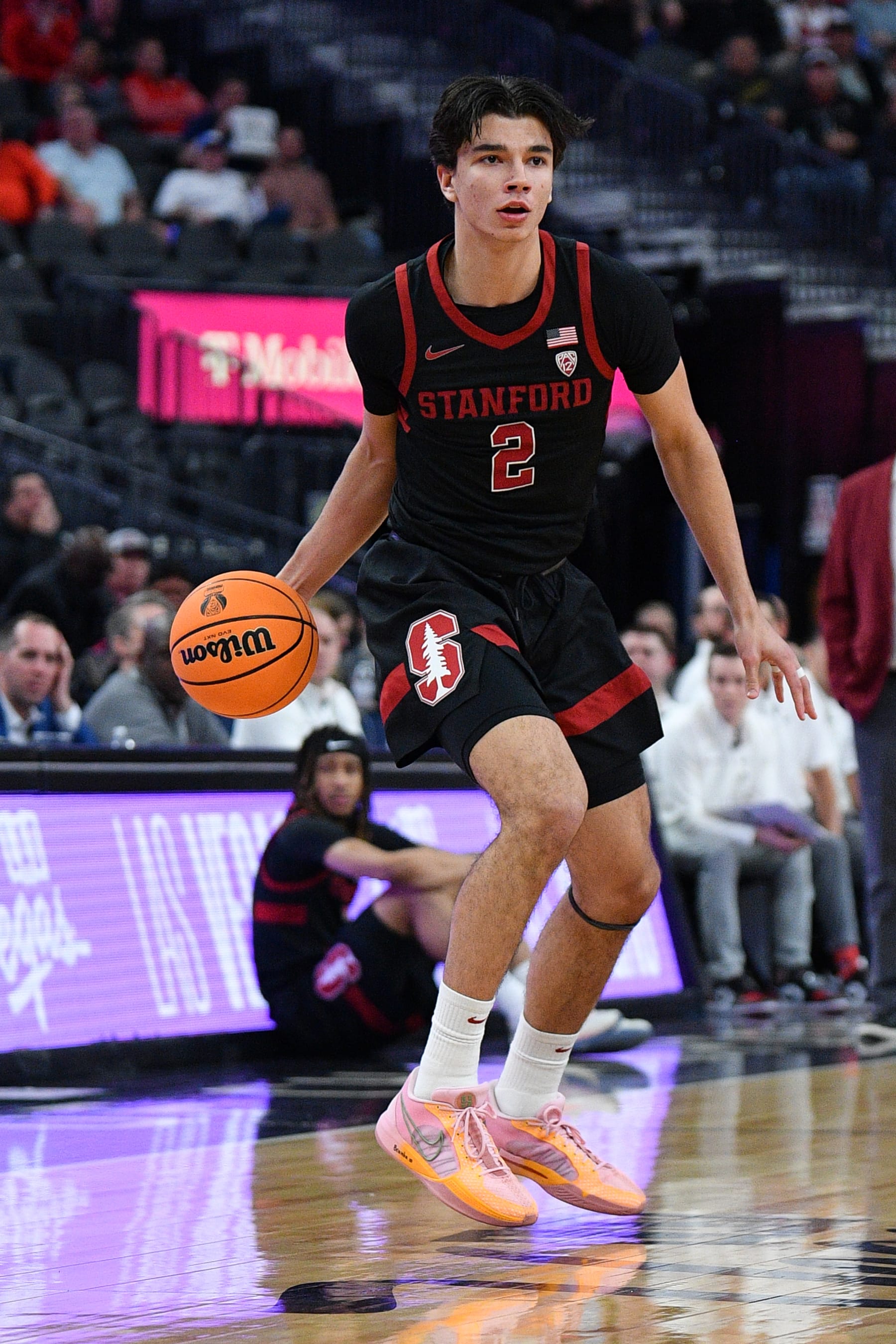 LAS VEGAS, NV - MARCH 14: Stanford Cardinal guard Andrej Stojakovic (2) dribbles up the court during the quarterfinal game of the men's Pac-12 Tournament  between the Stanford Cardinal and the Washington State Cougars on March 14, 2024, at the T-Mobile Arena in Las Vegas, NV. (Photo by Brian Rothmuller/Icon Sportswire via Getty Images)
