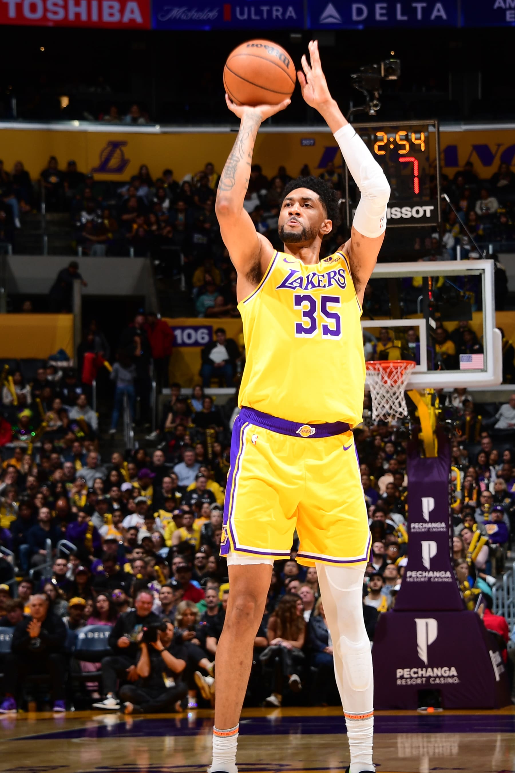 LOS ANGELES, CA - FEBRUARY 13: Christian Wood #35 of the Los Angeles Lakers shoots the ball during the game against the Detroit Pistons on February 13, 2024 at Crypto.Com Arena in Los Angeles, California. NOTE TO USER: User expressly acknowledges and agrees that, by downloading and/or using this Photograph, user is consenting to the terms and conditions of the Getty Images License Agreement. Mandatory Copyright Notice: Copyright 2024 NBAE (Photo by Adam Pantozzi/NBAE via Getty Images)