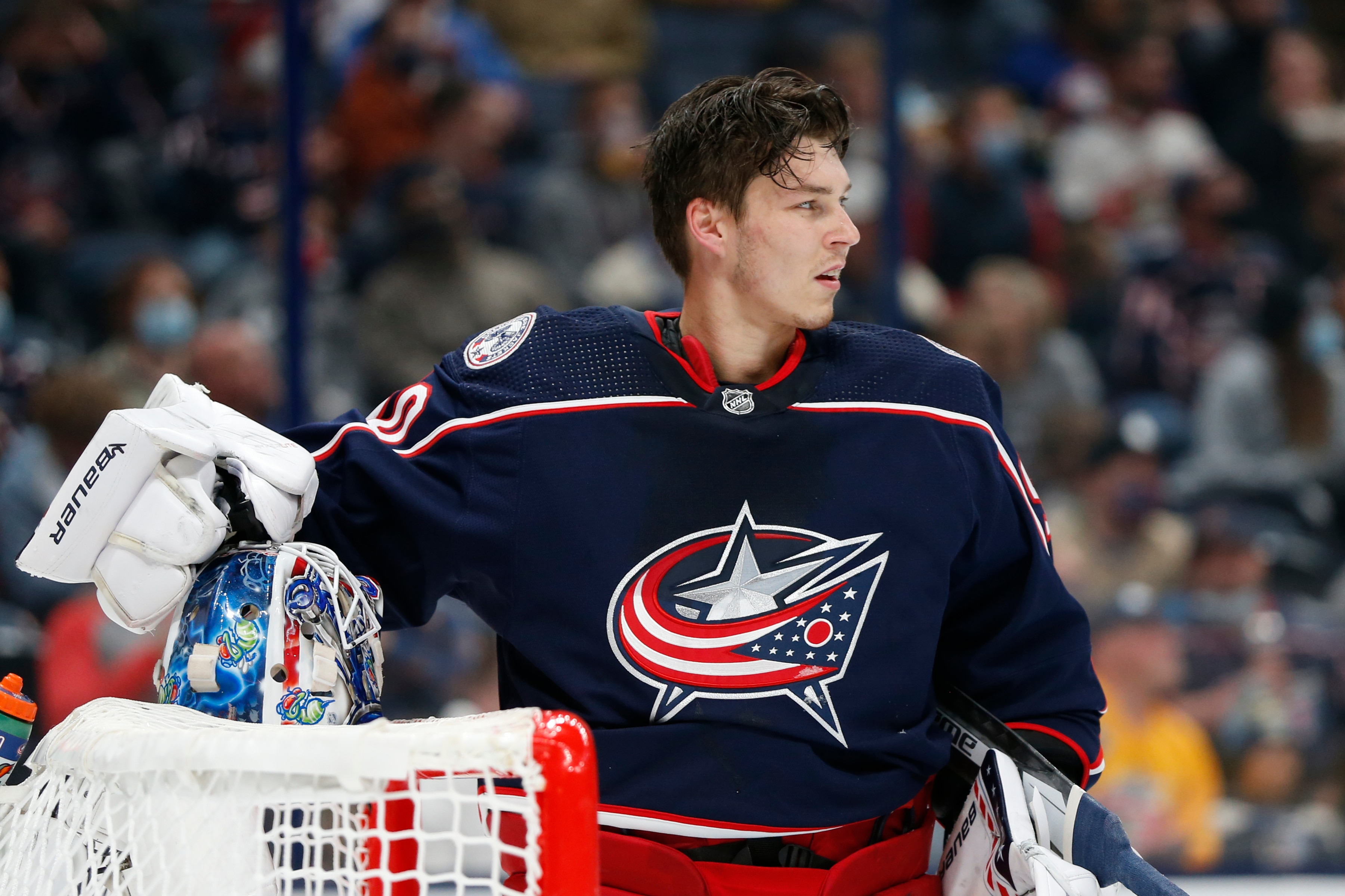 Columbus Blue Jackets' Elvis Merzlikins plays against the New York Islanders during an NHL hockey game Thursday, Oct. 21, 2021, in Columbus, Ohio. (AP Photo/Jay LaPrete)