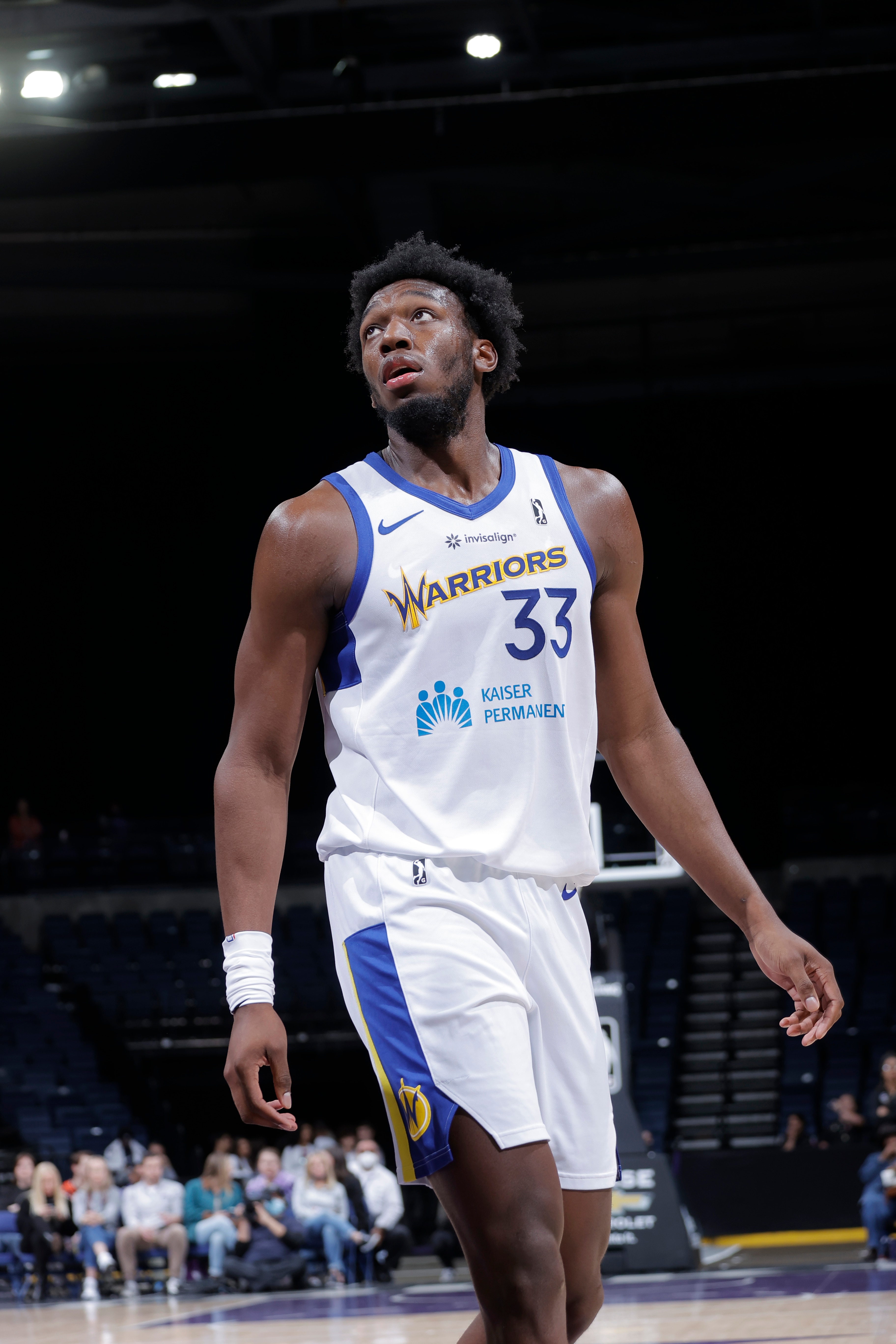 STOCKTON, CA - MARCH 10: James Wiseman #33 of the Santa Cruz Warriors looks on during the game against the Stockton Kings at Stockton Arena on March 10, 2022 in Stockton, California. NOTE TO USER: User expressly acknowledges and agrees that, by downloading and or using this photograph, User is consenting to the terms and conditions of the Getty Images Agreement. Mandatory Copyright Notice: Copyright 2022 NBAE (Photo by Rocky Widner/NBAE via Getty Images)