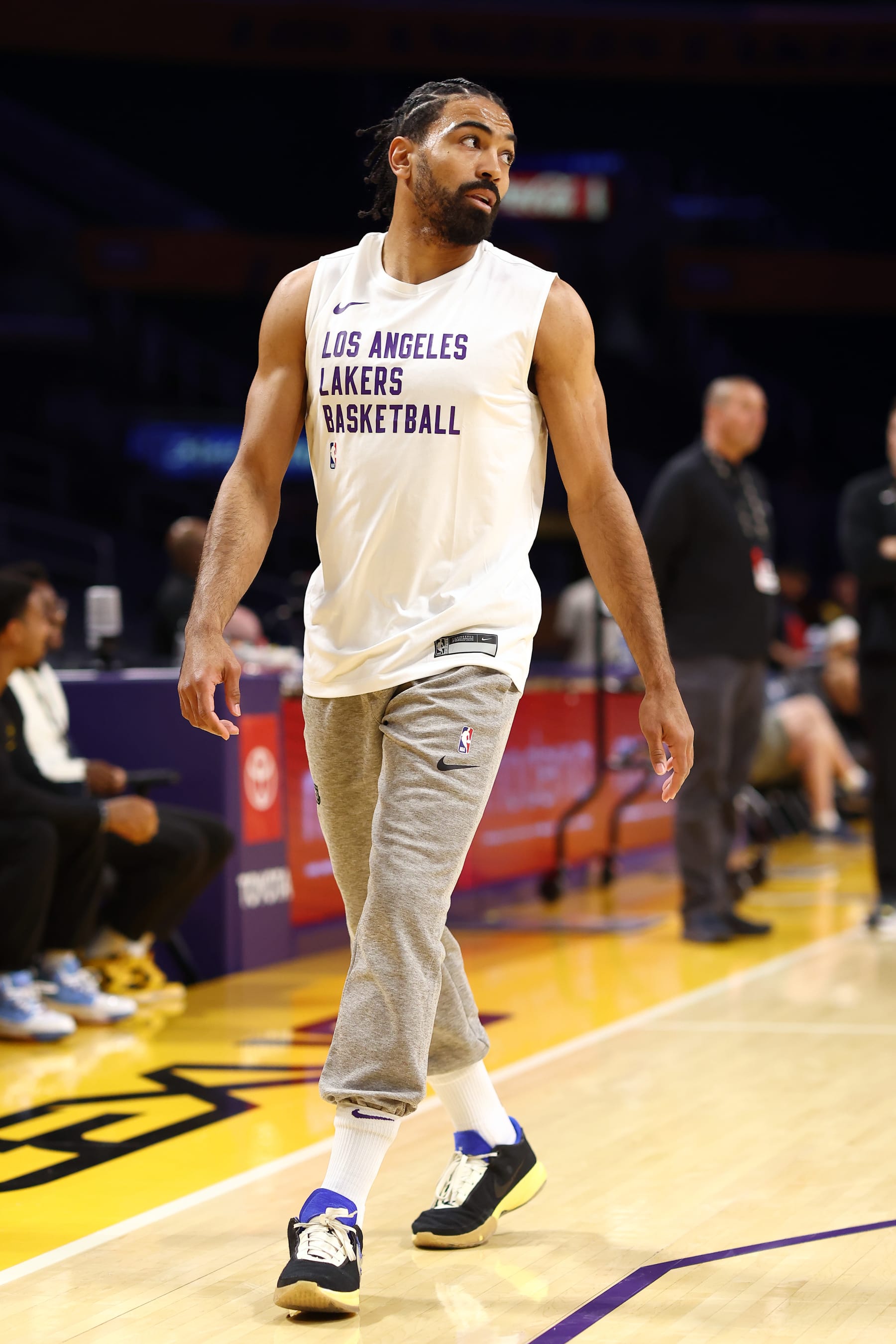 LOS ANGELES, CALIFORNIA - OCTOBER 30: Gabe Vincent #7 of the Los Angeles Lakers warms up prior to the game against the Orlando Magic at Crypto.com Arena on October 30, 2023 in Los Angeles, California. NOTE TO USER: User expressly acknowledges and agrees that, by downloading and or using this photograph, User is consenting to the terms and conditions of the Getty Images License Agreement. (Photo by Katelyn Mulcahy/Getty Images)