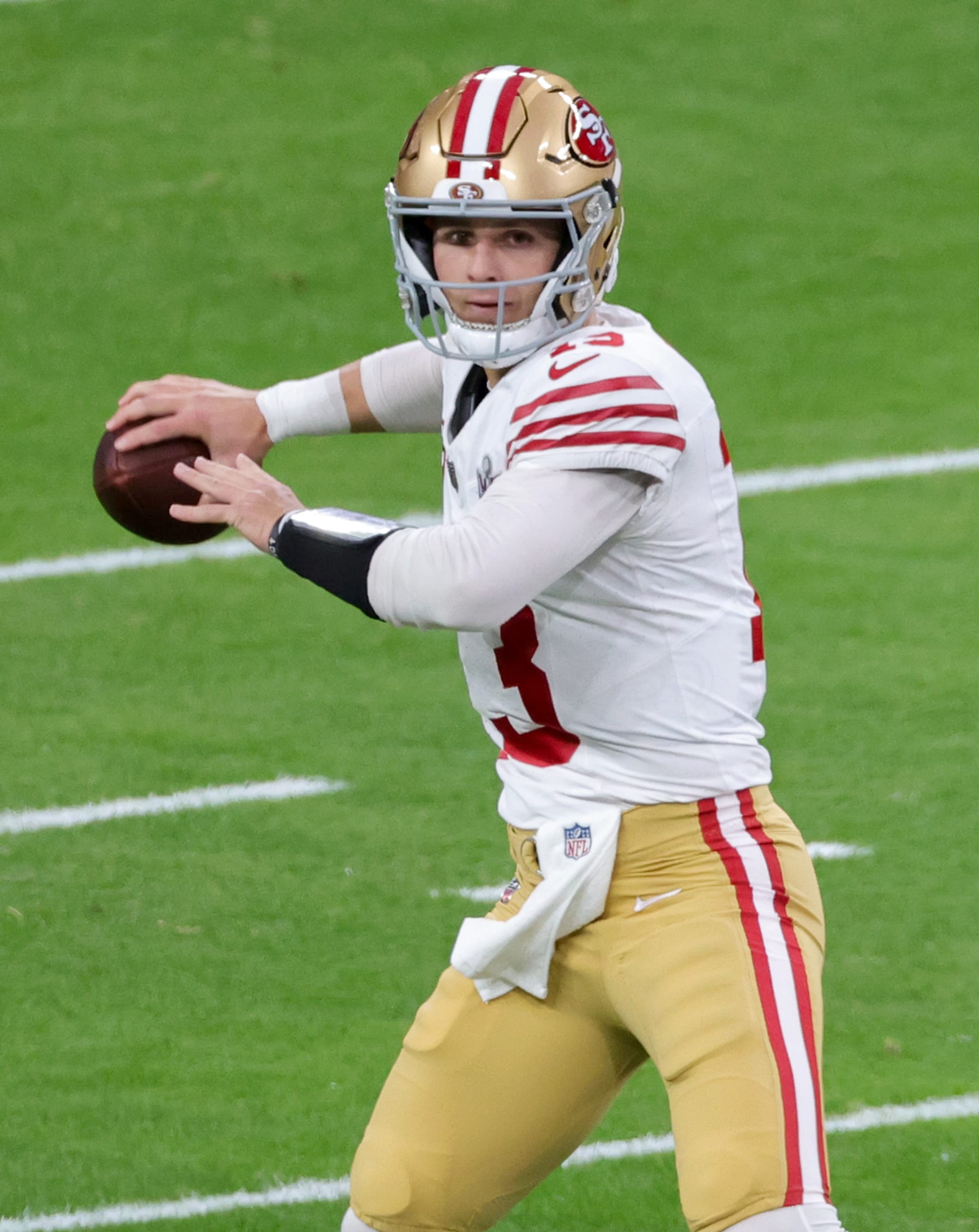 LAS VEGAS, NEVADA - FEBRUARY 11: Quarterback Brock Purdy #13 of the San Francisco 49ers looks to pass against the Kansas City Chiefs in the first quarter of Super Bowl LVIII at Allegiant Stadium on February 11, 2024 in Las Vegas, Nevada. The Chiefs defeated the 49ers 25-22 in overtime. (Photo by Ethan Miller/Getty Images)