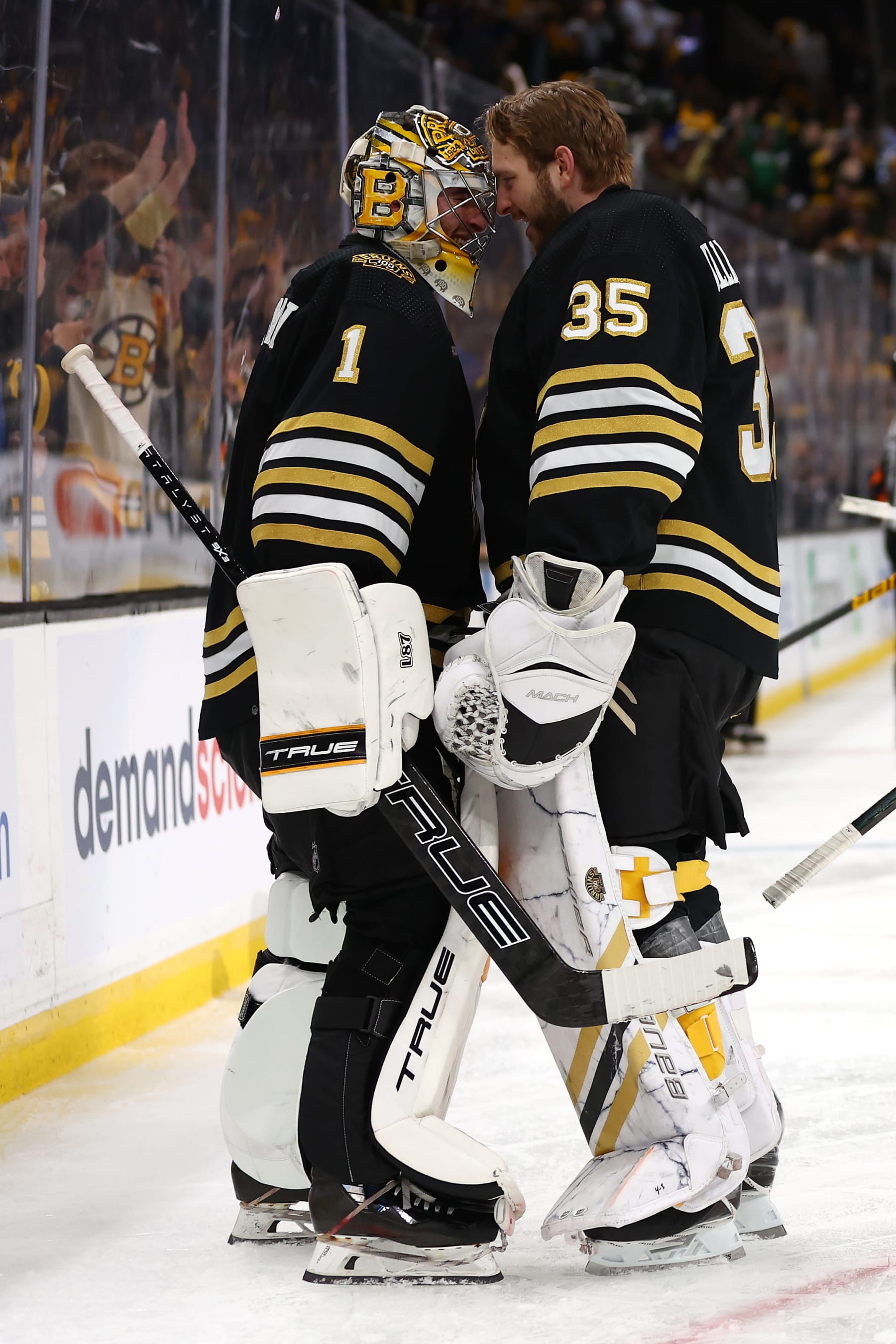 BOSTON, MASSACHUSETTS - MAY 04: Jeremy Swayman #1 and Linus Ullmark #35 of the Boston Bruins celebrate after defeating the Toronto Maple Leafs in overtime in Game Seven of the First Round of the 2024 Stanley Cup Playoffs at TD Garden on May 04, 2024 in Boston, Massachusetts. (Photo by Maddie Meyer/Getty Images)
