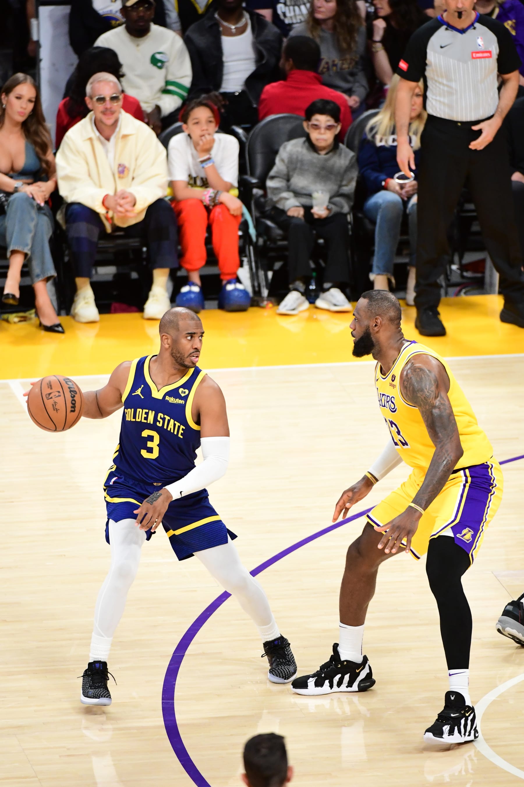 LOS ANGELES, CA - APRIL 9: Chris Paul #3 of the Golden State Warriors dribbles the ball during the game against the Los Angeles Lakers on April 9, 2024 at Crypto.Com Arena in Los Angeles, California. NOTE TO USER: User expressly acknowledges and agrees that, by downloading and/or using this Photograph, user is consenting to the terms and conditions of the Getty Images License Agreement. Mandatory Copyright Notice: Copyright 2024 NBAE (Photo by Adam Pantozzi/NBAE via Getty Images)
