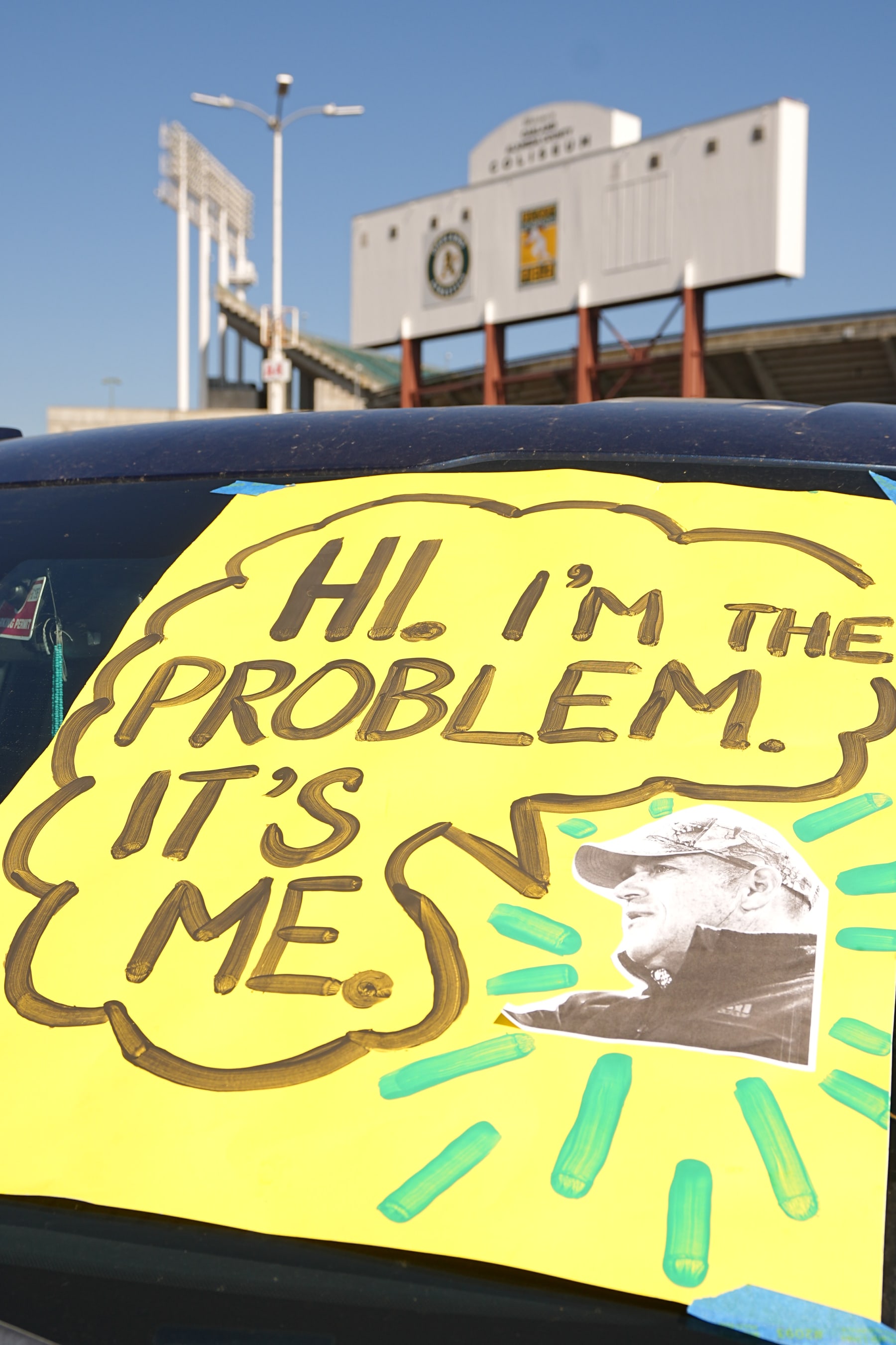 Baseball: Oakland Athletics owner John Fisher displayed on a car sign vs Tampa Bay Rays during a reverse boycott at the Oakland Coliseum. 
Oakland, CA 6/13/2023 
CREDIT: Erick W. Rasco (Photo by Erick W. Rasco/Sports Illustrated via Getty Images) 
(Set Number: X164373)