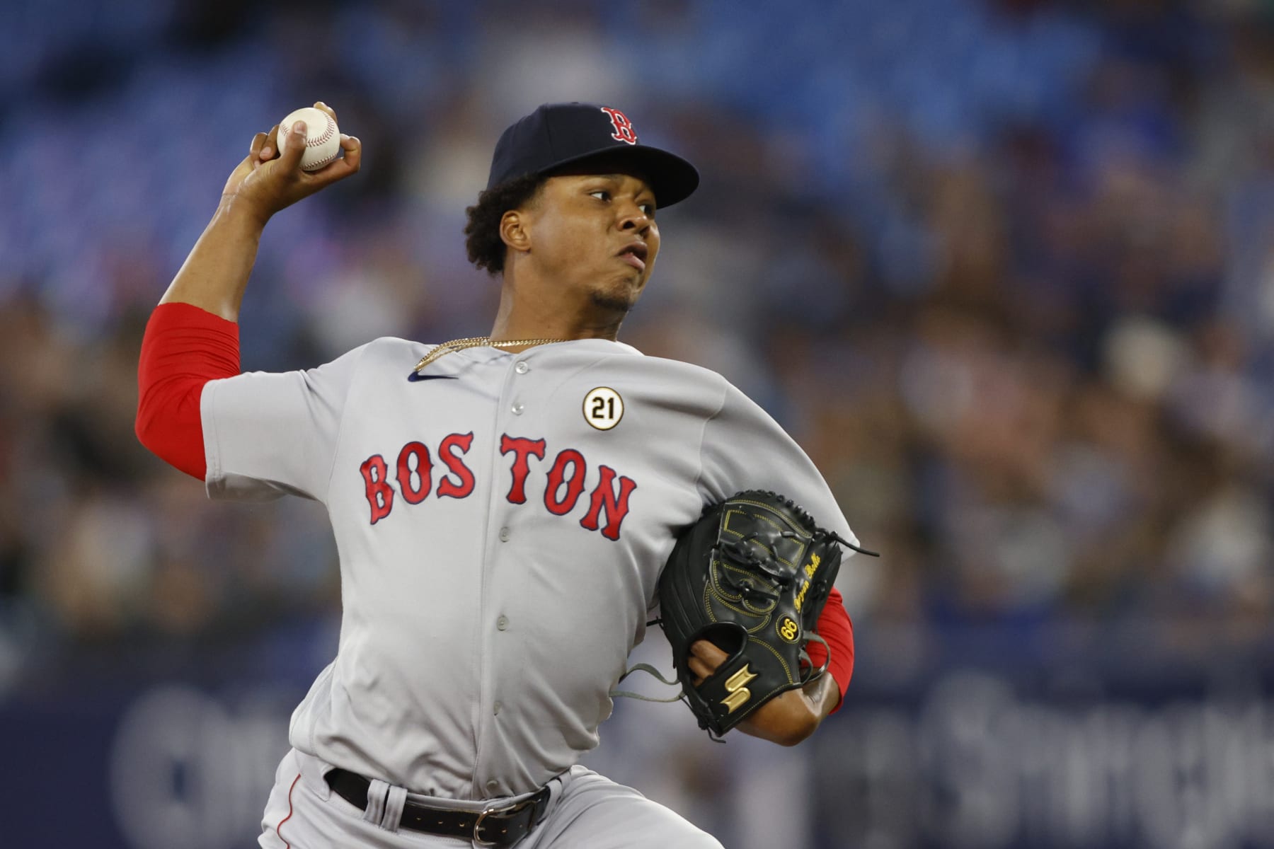 TORONTO, CANADA - SEPTEMBER 15: Brayan Bello #66 of the Boston Red Sox pitches in the first inning of their MLB game against the Toronto Blue Jays at Rogers Centre on September 15, 2023 in Toronto, Canada. (Photo by Cole Burston/Getty Images)