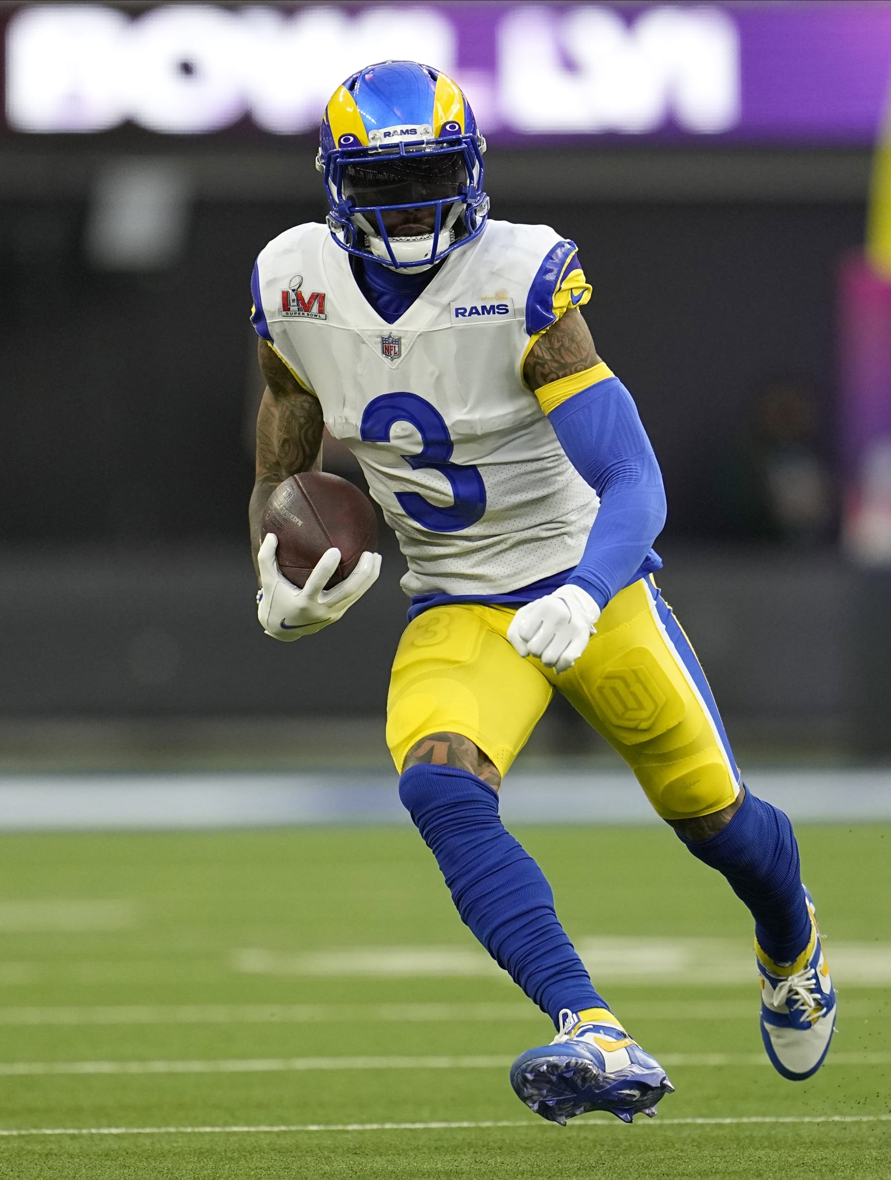 Los Angeles Rams wide receiver Odell Beckham Jr. runs during the first half of the NFL Super Bowl 56 football game against the Cincinnati Bengals Sunday, Feb. 13, 2022, in Inglewood, Calif. (AP Photo/Marcio Jose Sanchez)