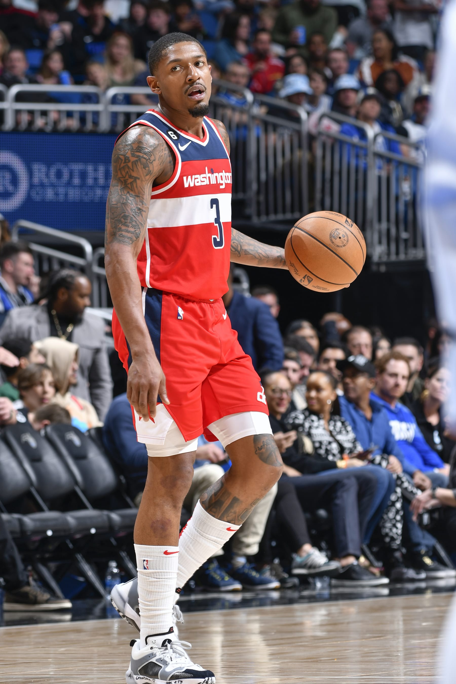 ORLANDO, FL - MARCH 21: Bradley Beal #3 of the Washington Wizards goes to the basket during the game on March 21, 2023 at Amway Center in Orlando, Florida. NOTE TO USER: User expressly acknowledges and agrees that, by downloading and or using this photograph, User is consenting to the terms and conditions of the Getty Images License Agreement. Mandatory Copyright Notice: Copyright 2023 NBAE (Photo by Fernando Medina/NBAE via Getty Images)