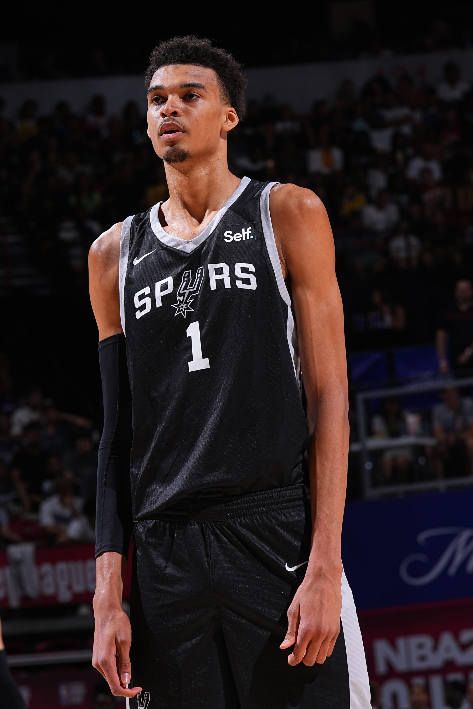 LAS VEGAS, NV - JULY 9: Victor Wembanyama #1 of the San Antonio Spurs looks on during the 2023 NBA Las Vegas Summer League on July 9, 2023 at the Cox Pavilion in Las Vegas, Nevada. NOTE TO USER: User expressly acknowledges and agrees that, by downloading and or using this photograph, User is consenting to the terms and conditions of the Getty Images License Agreement. Mandatory Copyright Notice: Copyright 2023 NBAE (Photo by Bart Young/NBAE via Getty Images)