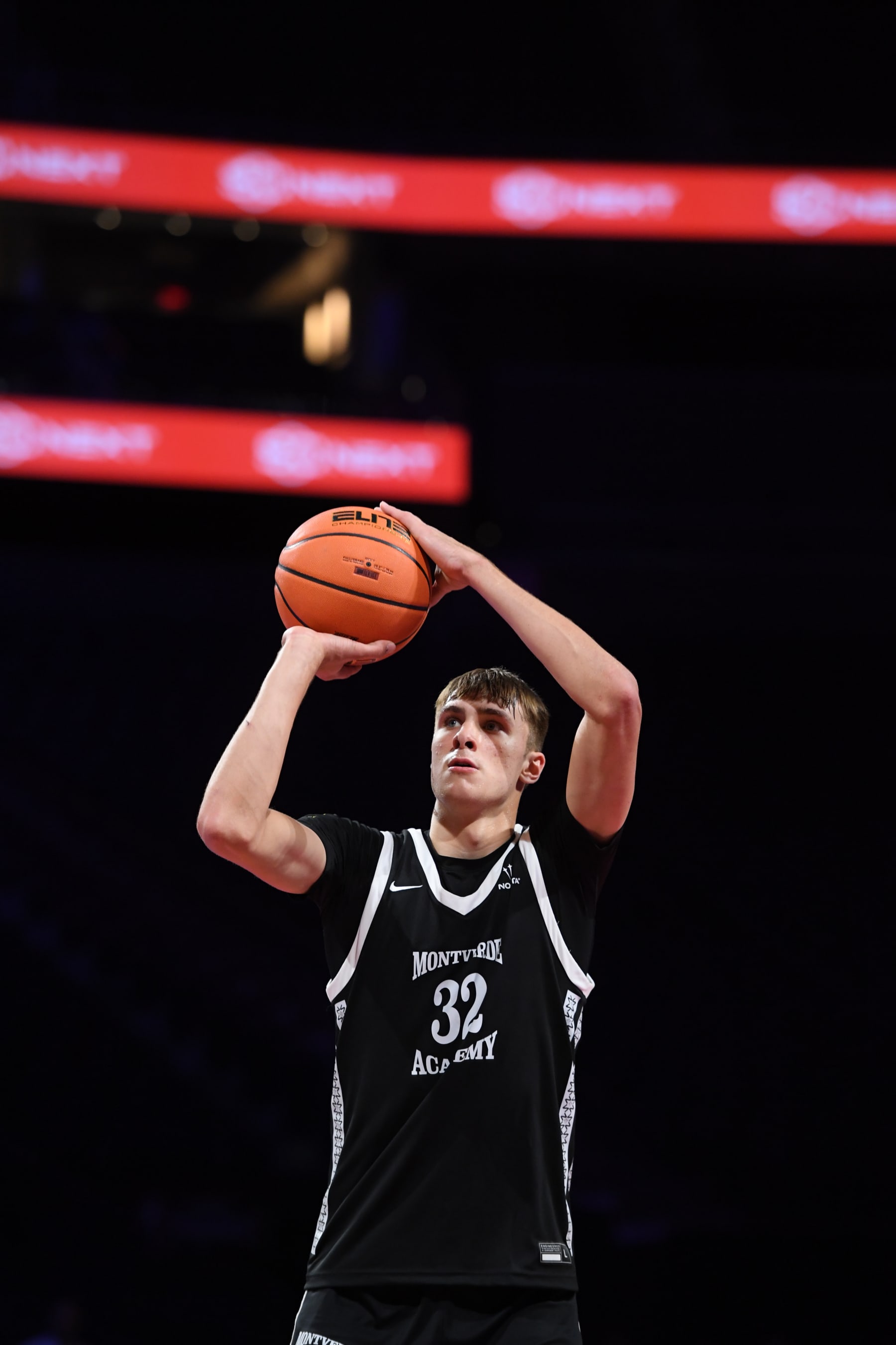 LAS VEGAS, NV - DECEMBER 8: Cooper Flagg #32 of Montverde Academy shoots a free throw during the game against the Link Academy during the 2023 EYBL Scholastic Showcase on December 8, 2023 at T-Mobile Arena in Las Vegas, Nevada. NOTE TO USER: User expressly acknowledges and agrees that, by downloading and or using this photograph, User is consenting to the terms and conditions of the Getty Images License Agreement. Mandatory Copyright Notice: Copyright 2023 NBAE (Photo by Juan Ocampo/NBAE via Getty Images)