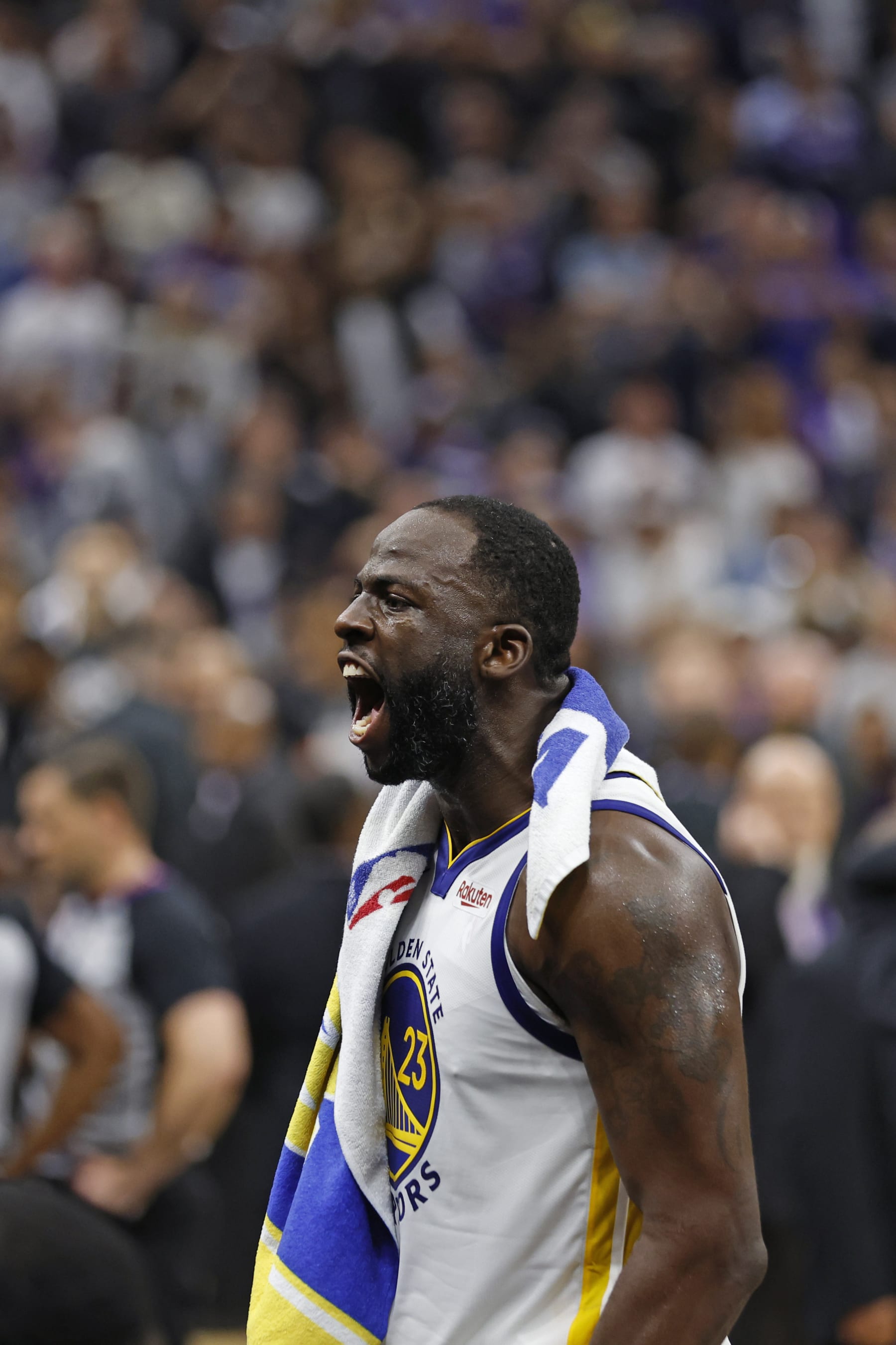 SACRAMENTO, CA - APRIL 17: Draymond Green #23 of the Golden State Warriors reacts after Round 1 Game 2 of the 2023 NBA Playoffs against the Sacramento Kings on April 17, 2023 at Golden 1 Center in Sacramento, California. NOTE TO USER: User expressly acknowledges and agrees that, by downloading and or using this Photograph, user is consenting to the terms and conditions of the Getty Images License Agreement. Mandatory Copyright Notice: Copyright 2023 NBAE (Photo by Jed Jacobsohn/NBAE via Getty Images)