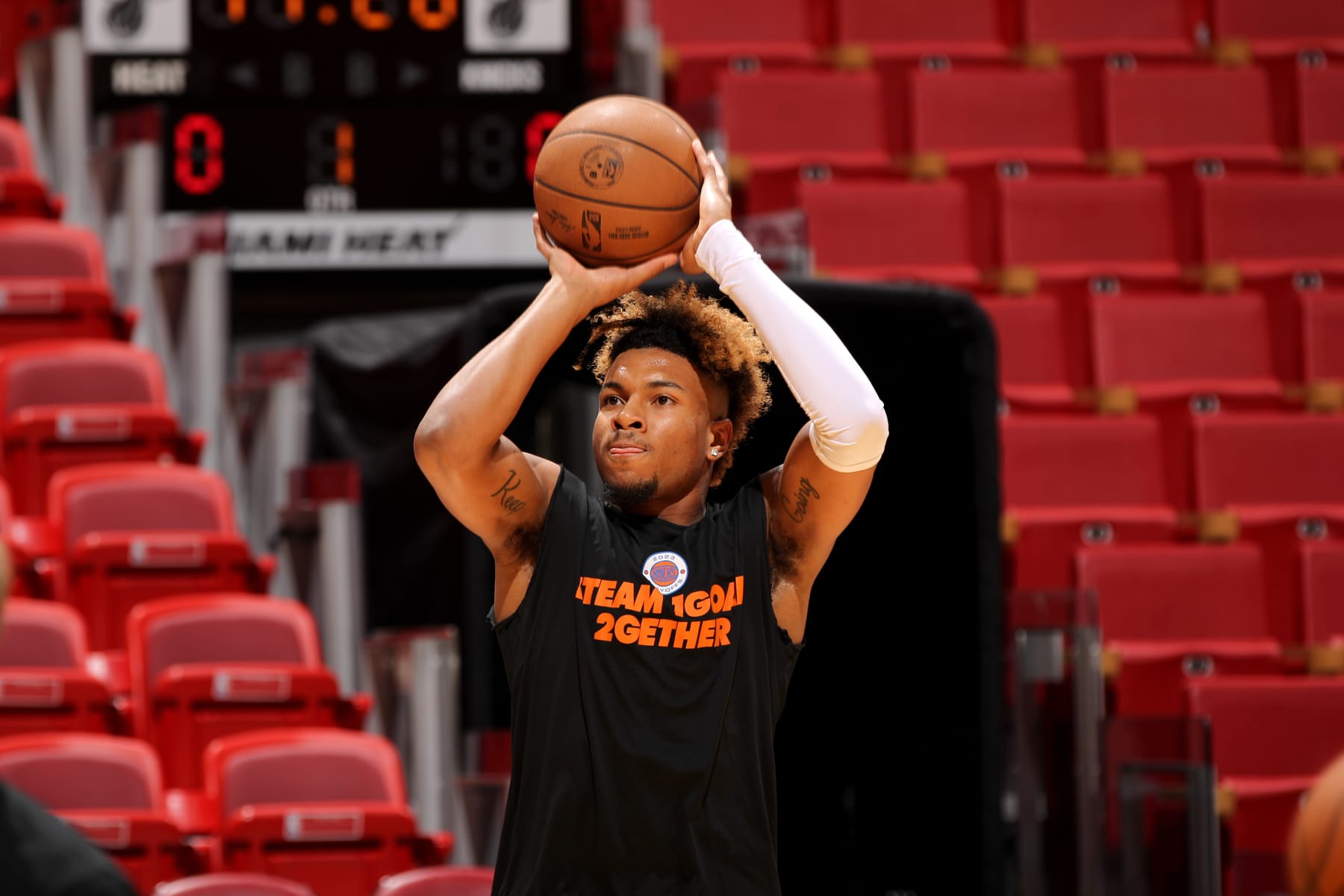 MIAMI, FL - MAY 6: Miles McBride #2 of the New York Knicks warms up before the game the game against the Miami Heat during Game Three of the Eastern Conference Semi-Finals of the 2023 NBA Playoffs on May 6, 2023 at Miami-Dade Arena in Miami, Florida. NOTE TO USER: User expressly acknowledges and agrees that, by downloading and or using this Photograph, user is consenting to the terms and conditions of the Getty Images License Agreement. Mandatory Copyright Notice: Copyright 2023 NBAE (Photo by Issac Baldizon/NBAE via Getty Images)