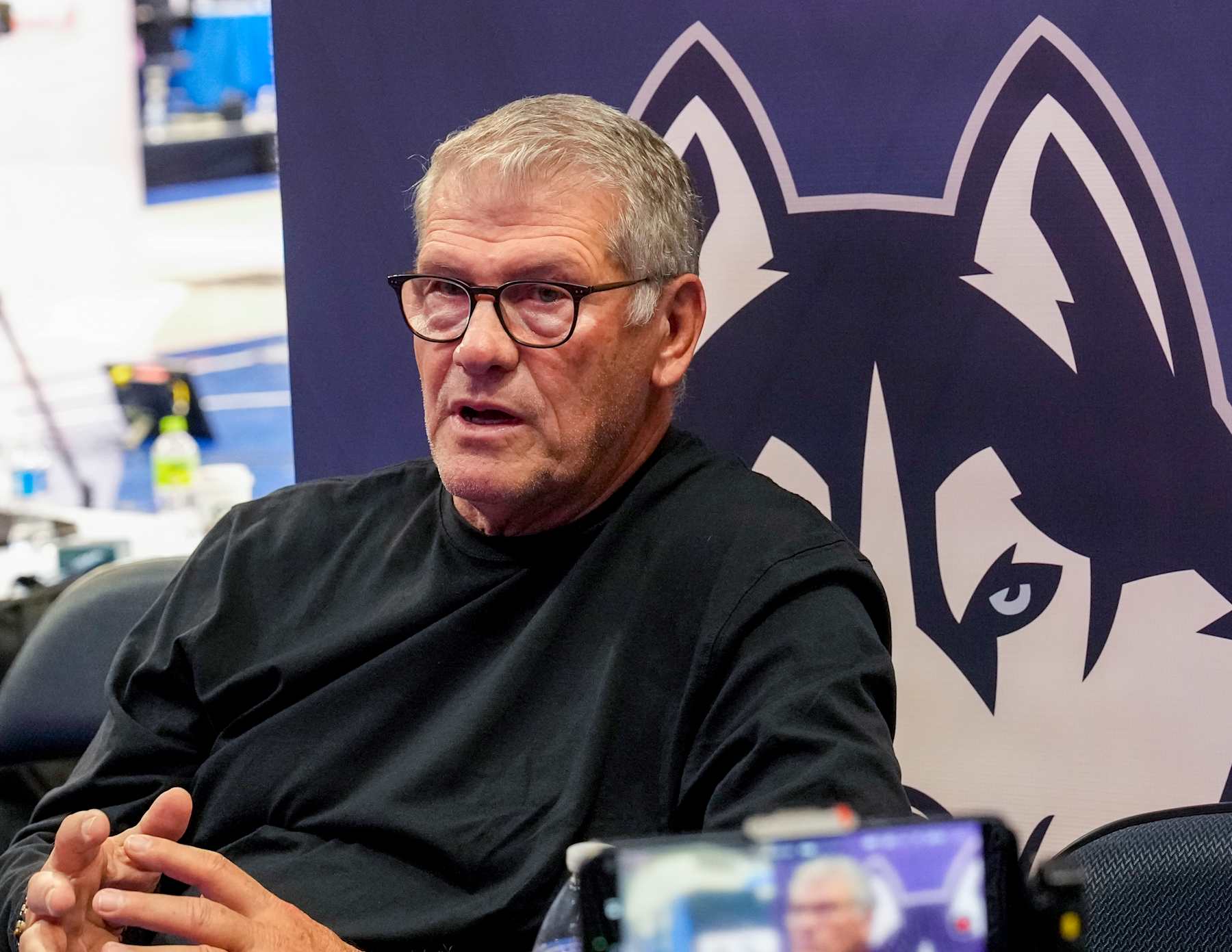 NEW YORK, NY - OCTOBER 23:  UConn Huskies womens head coach Geno Auriemma during Big East Conference Basketball media day at Madison Square Garden on October 23, 2024 in New York City.  (Photo by Porter Binks/Getty Images)
