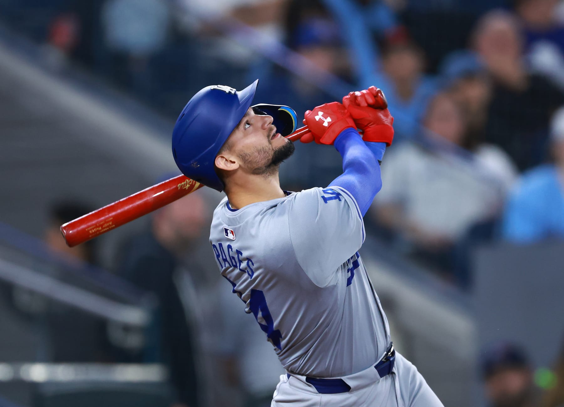 TORONTO, ON - APRIL 27:  Andy Pages #84 of the Los Angeles Dodgers bats during a game against the Toronto Blue Jays at Rogers Centre on April 27, 2024 in Toronto, Ontario, Canada.  (Photo by Vaughn Ridley/Getty Images)