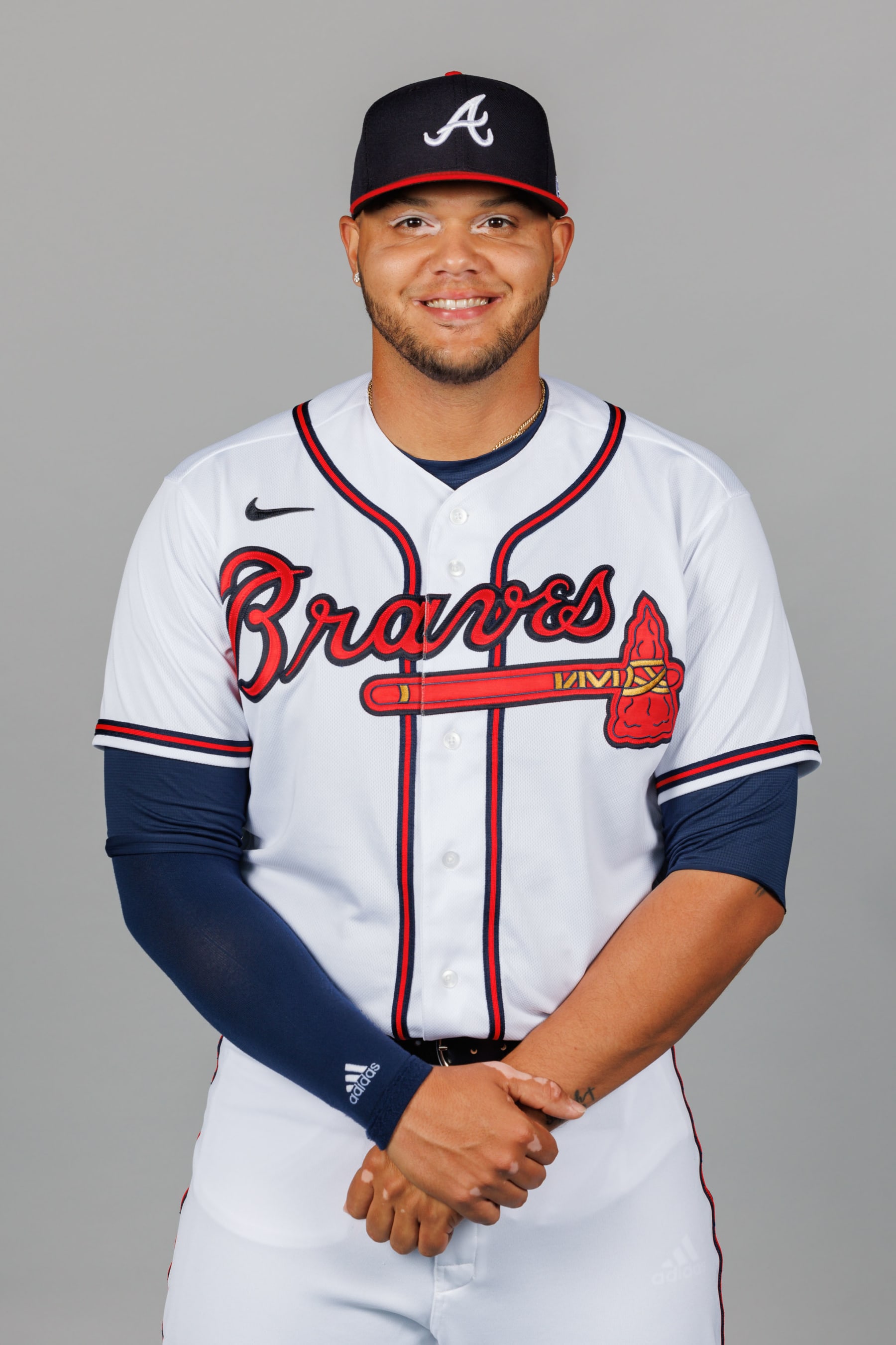 NORTH PORT, FL - FEBRUARY 24: Joe Jimenez #77 of the Atlanta Braves poses for a photo during the Atlanta Braves Photo Day at CoolToday Park  on Friday, February 24, 2023 in North Port, Florida. (Photo by Mike Carlson/MLB Photos via Getty Images)