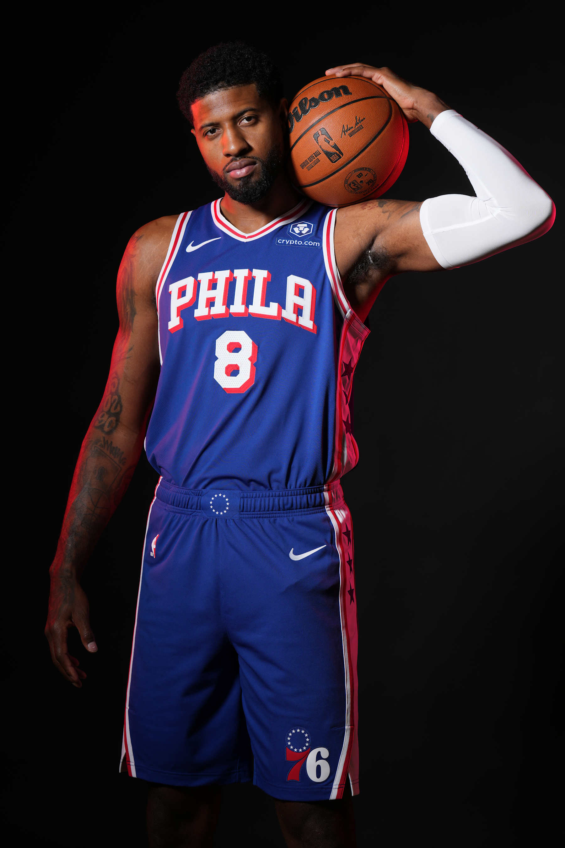 CAMDEN, NJ - SEPTEMBER 30: Paul George #8 of the Philadelphia 76ers poses for a portrait during NBA Media Day on September 30, 2024 at the Philadelphia 76ers Training Complex in Camden, New Jersey. NOTE TO USER: User expressly acknowledges and agrees that, by downloading and or using this photograph, User is consenting to the terms and conditions of the Getty Images License Agreement. Mandatory Copyright Notice: Copyright 2024 NBAE (Photo by Jesse D. Garrabrant/NBAE via Getty Images)