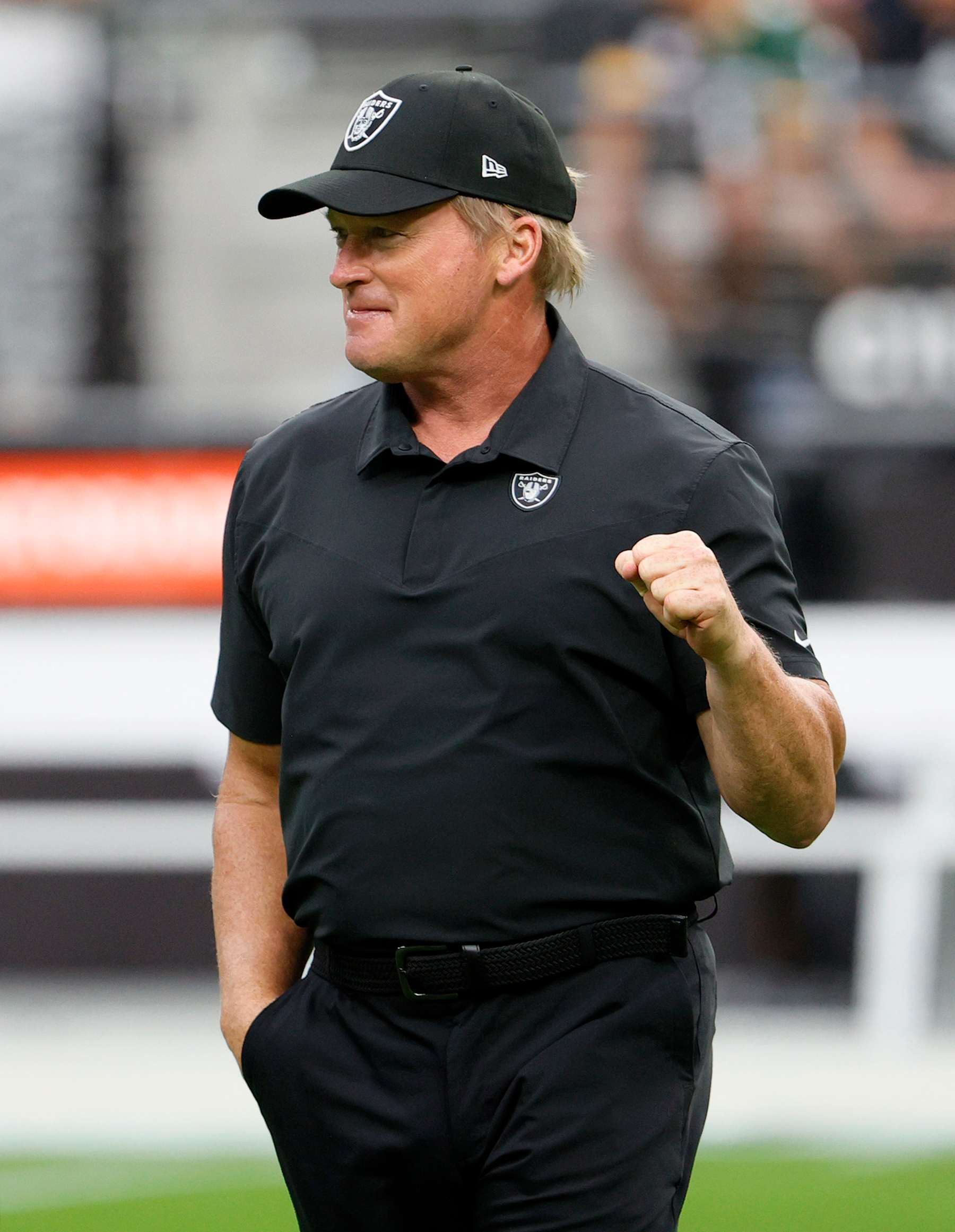 LAS VEGAS, NEVADA - OCTOBER 10:  Head coach Jon Gruden of the Las Vegas Raiders walks on the field before a game against the Chicago Bears at Allegiant Stadium on October 10, 2021 in Las Vegas, Nevada. The Bears defeated the Raiders 20-9.  (Photo by Ethan Miller/Getty Images)
