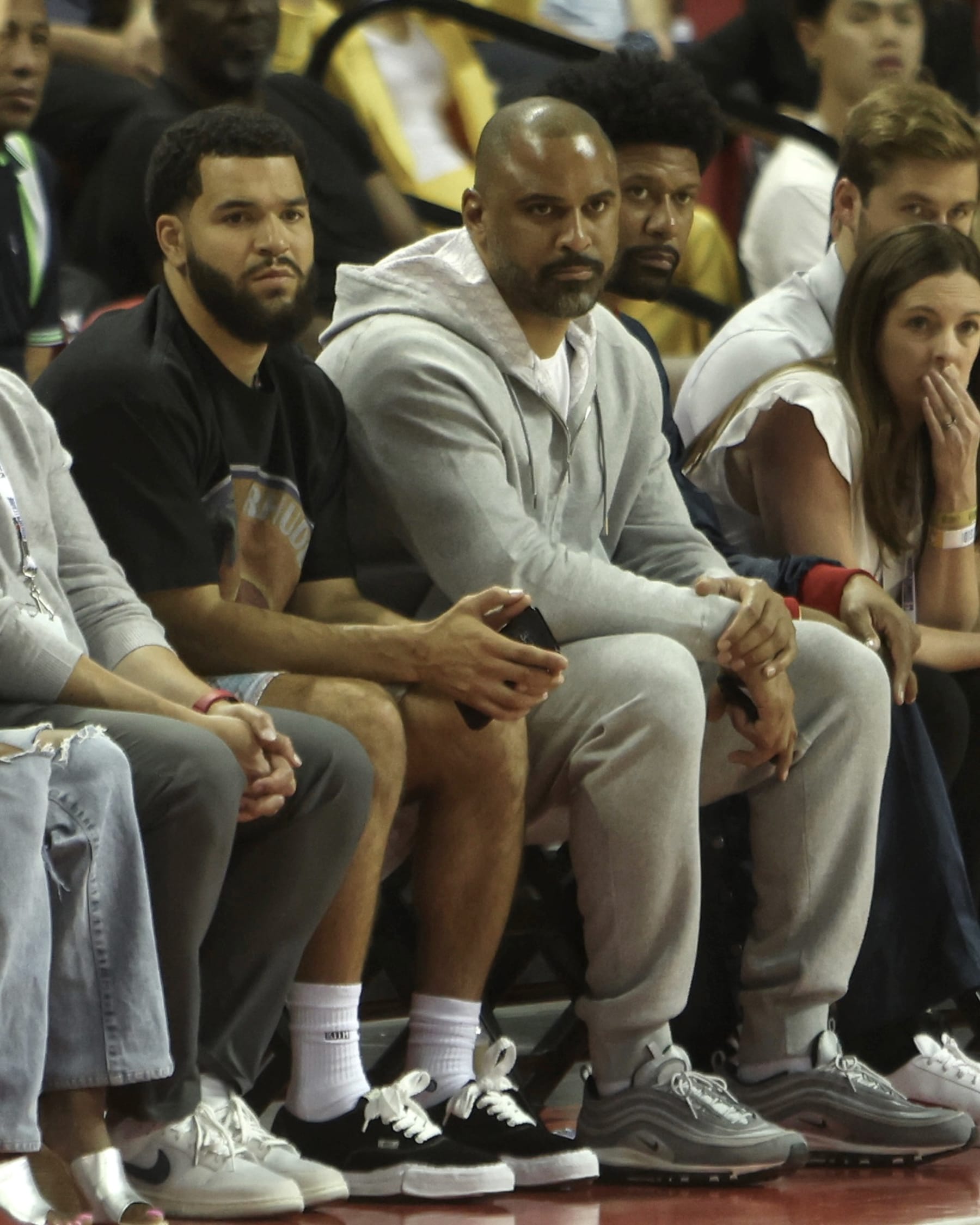 LAS VEGAS, NV - JULY 9:  Head Coach Ime Udoka and Fred Vanvleet #23 of the Houston Rockets look on during the 2023 NBA Las Vegas Summer League on July 9, 2023 at the Thomas & Mack Center in Las Vegas, Nevada. NOTE TO USER: User expressly acknowledges and agrees that, by downloading and or using this photograph, User is consenting to the terms and conditions of the Getty Images License Agreement. Mandatory Copyright Notice: Copyright 2023 NBAE (Photo by Jim Poorten/NBAE via Getty Images)