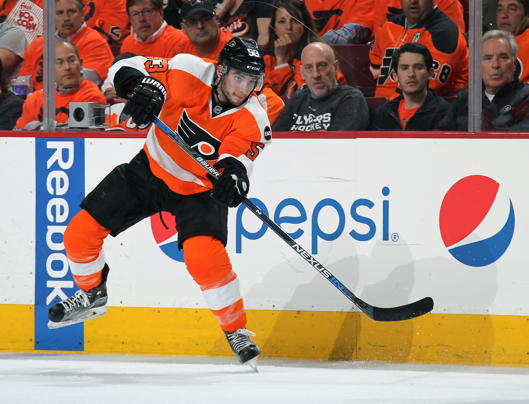 PHILADELPHIA, PA - APRIL 18:  Shayne Gostisbehere #53 of the Philadelphia Flyers completes a pass against the Washington Capitals in Game Three of the Eastern Conference First Round during the 2016 NHL Stanley Cup Playoffs at the Wells Fargo Center on April 18, 2016 in Philadelphia, Pennsylvania.  (Photo by Len Redkoles/NHLI via Getty Images)