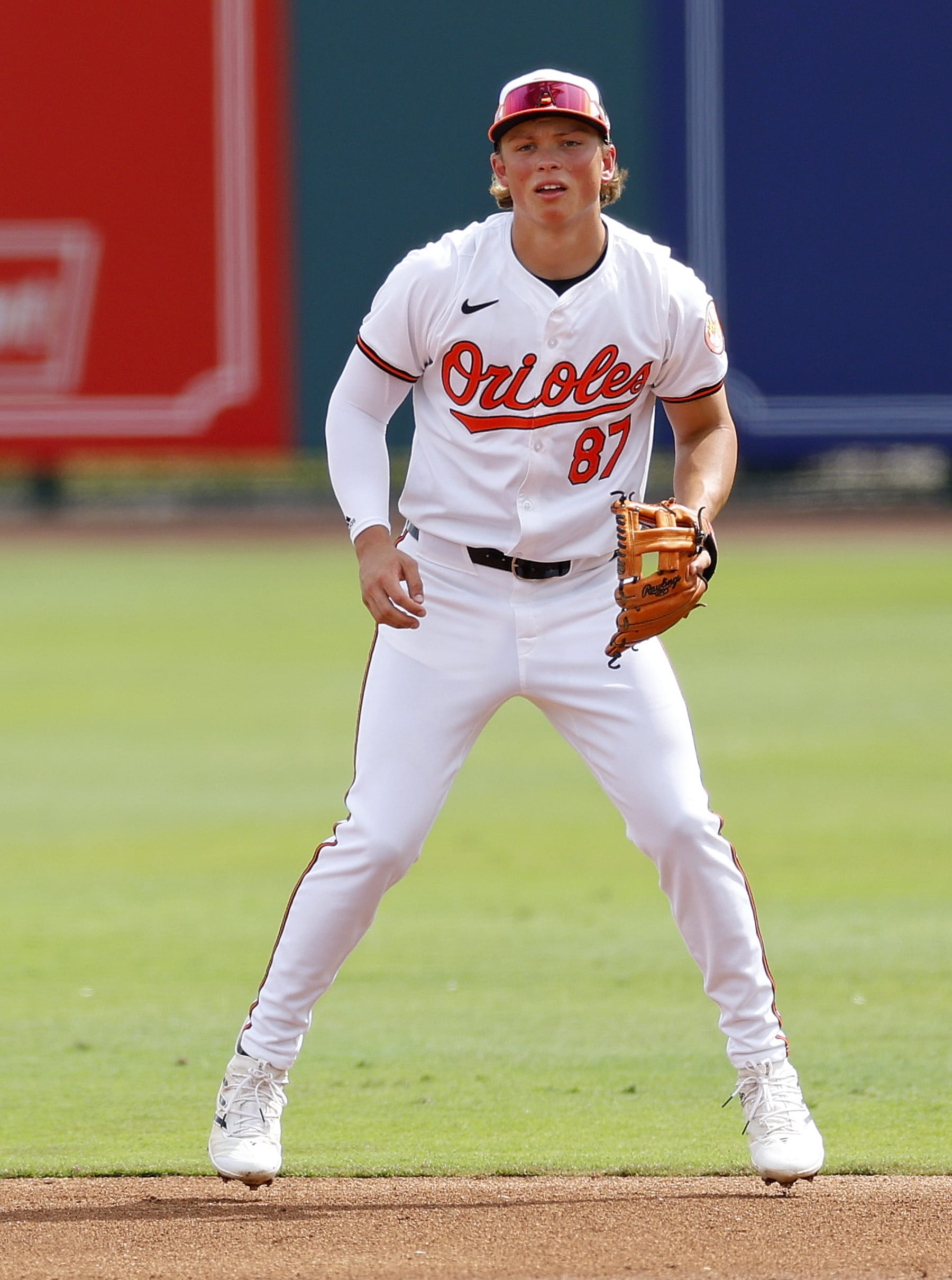 SARASOTA, FLORIDA - FEBRUARY 29: Jackson Holliday #87 of the Baltimore Orioles looks on during a spring training game against the Pittsburgh Pirates at Ed Smith Stadium on February 29, 2024 in Sarasota, Florida. (Photo by Mike Ehrmann/Getty Images)