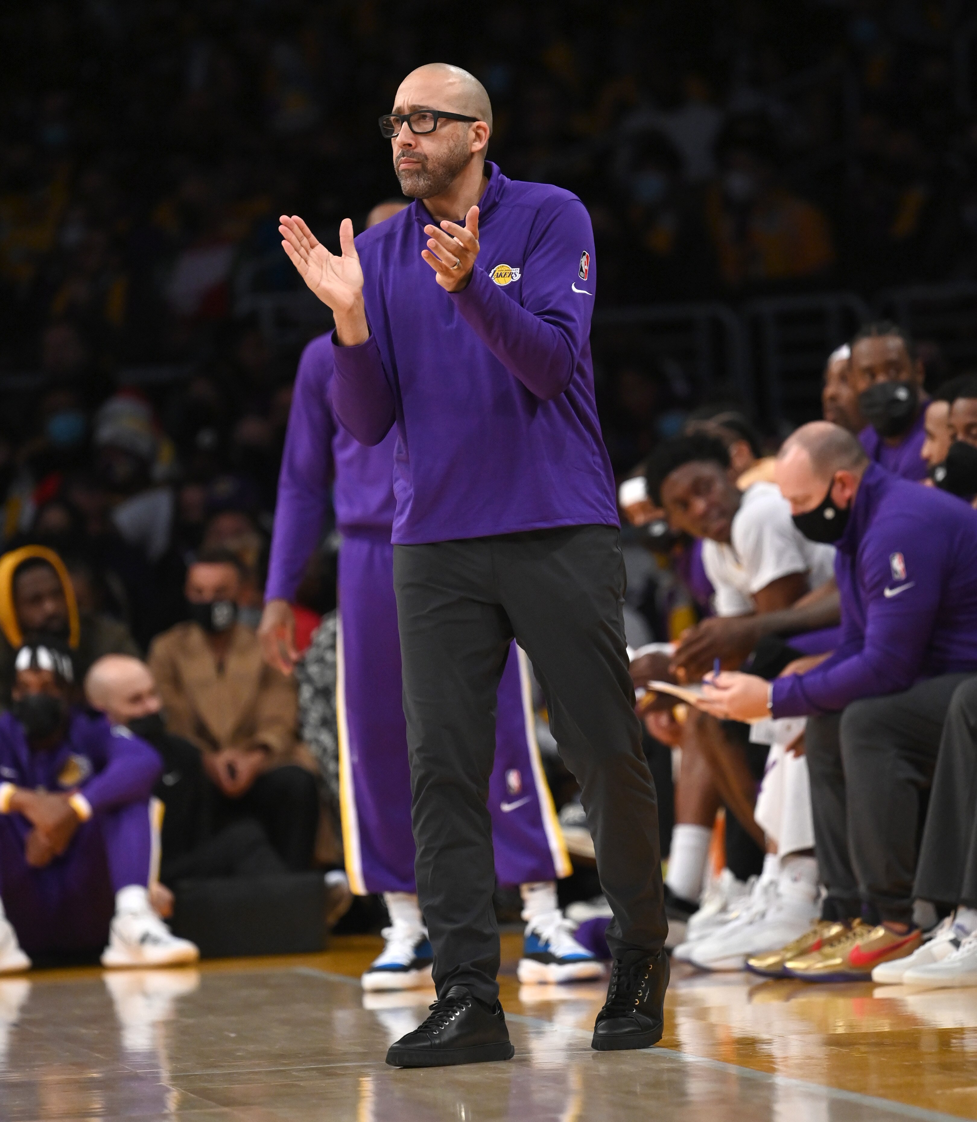 LOS ANGELES, CA - DECEMBER 25:  Assistant head coach David Fizdale of the Los Angeles Lakers stands on the court during the game against the Brooklyn Nets at Crypto.com Arena on December 25, 2021 in Los Angeles, California. NOTE TO USER: User expressly acknowledges and agrees that, by downloading and/or using this Photograph, user is consenting to the terms and conditions of the Getty Images License Agreement.   (Photo by Jayne Kamin-Oncea/Getty Images)