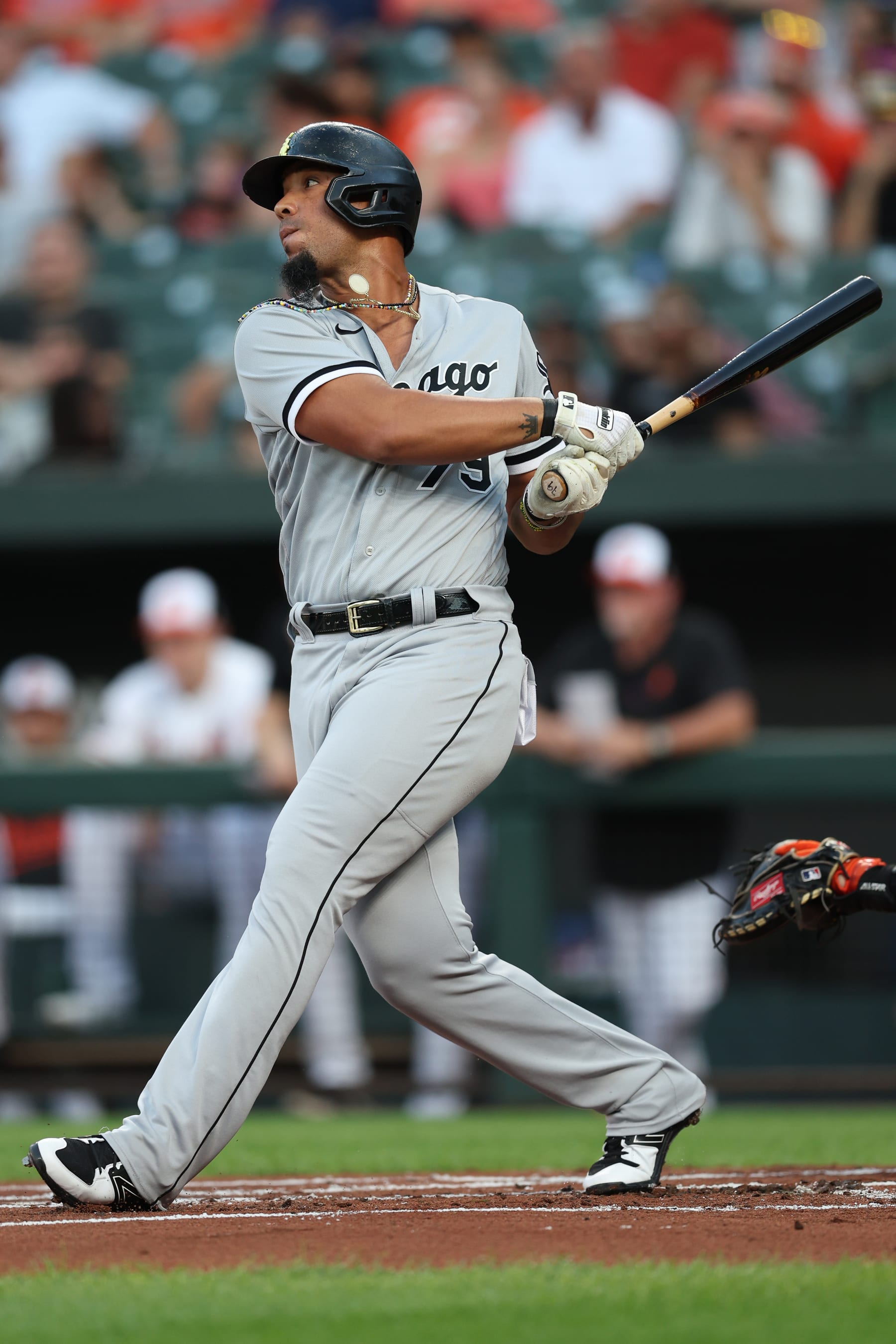 BALTIMORE, MARYLAND - AUGUST 23: Jose Abreu #79 of the Chicago White Sox bats against the Baltimore Orioles at Oriole Park at Camden Yards on August 23, 2022 in Baltimore, Maryland. (Photo by Patrick Smith/Getty Images)