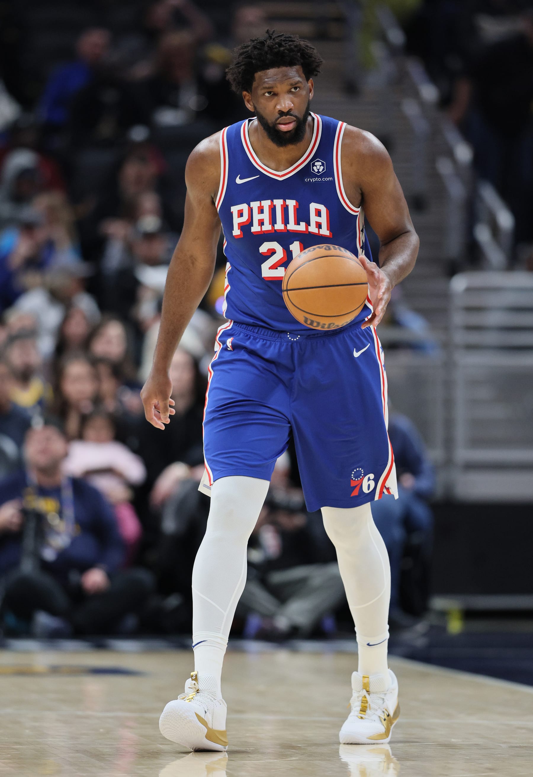 INDIANAPOLIS, INDIANA - JANUARY 25: Joel Embiid #21of the Philadelphia 76ers dribbles the ball during the first half against the Indiana Pacers at Gainbridge Fieldhouse on January 25, 2024 in Indianapolis, Indiana.    NOTE TO USER: User expressly acknowledges and agrees that, by downloading and or using this photograph, User is consenting to the terms and conditions of the Getty Images License Agreement.  (Photo by Andy Lyons/Getty Images)