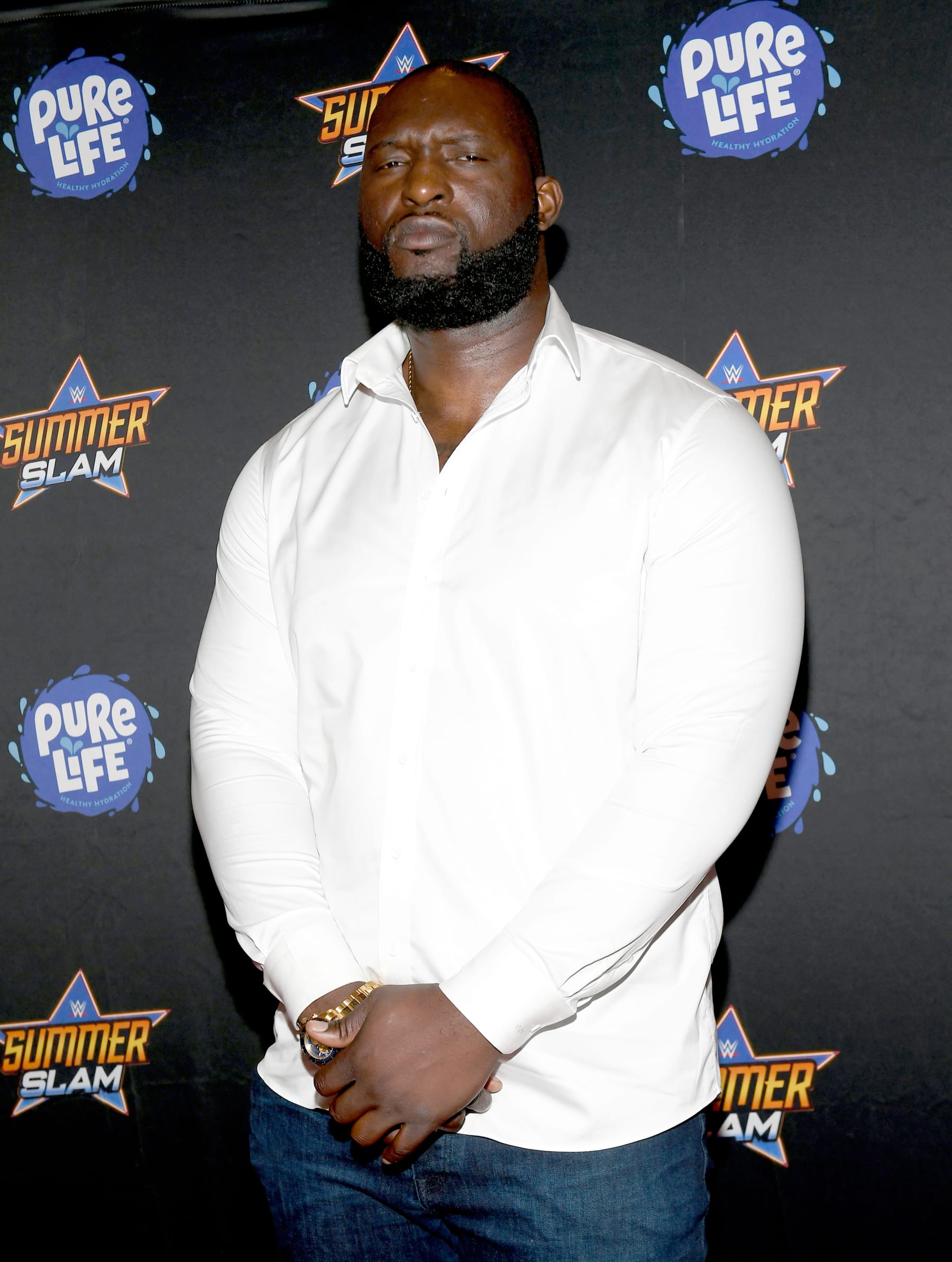 LAS VEGAS, NEVADA - AUGUST 21: Professional wrestler Jordan "Omos" Omogbehin attends the WWE SummerSlam after party at Delano Las Vegas at Mandalay Bay Resort and Casino on August 21, 2021 in Las Vegas, Nevada. (Photo by Bryan Steffy/Getty Images for WWE SummerSlam After Party)