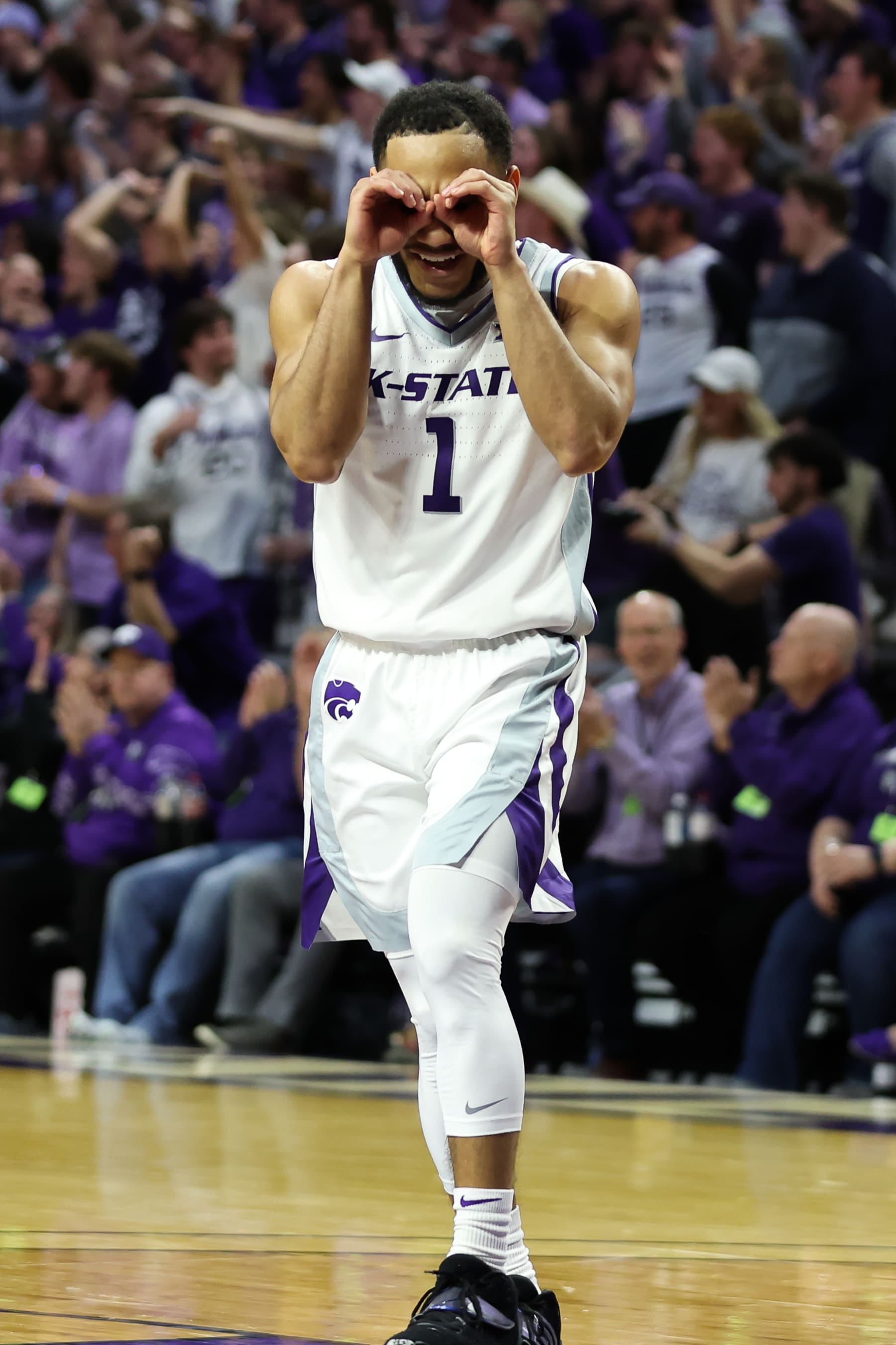 MANHATTAN, KS - MARCH 01: Kansas State Wildcats guard Markquis Nowell (1) celebrates after a three in the second half of a Big 12 basketball game between the Oklahoma Sooners and Kansas State Wildcats on March 1, 2023 at Bramlage Coliseum in Manhattan, KS. (Photo by Scott Winters/Icon Sportswire via Getty Images)