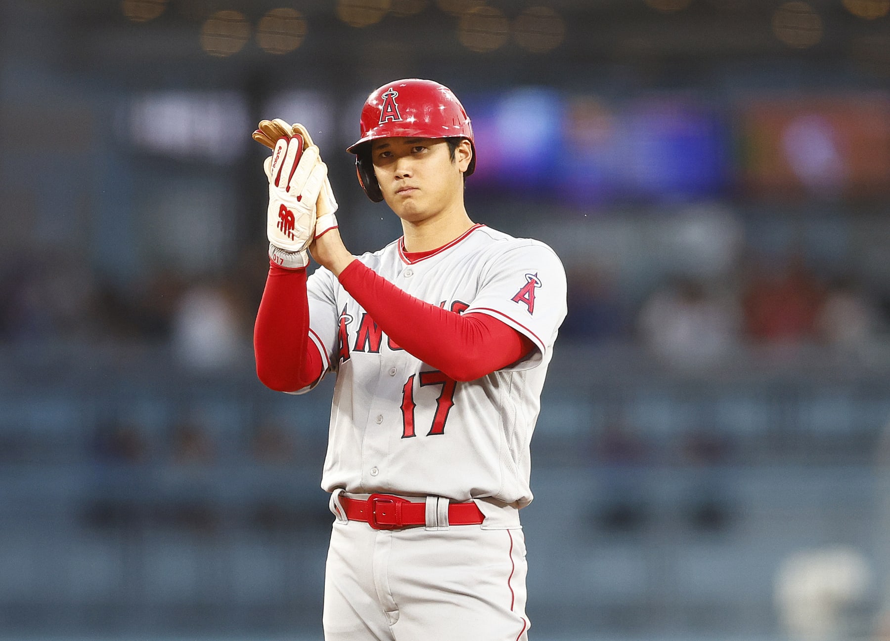 LOS ANGELES, CALIFORNIA - JULY 07:  Shohei Ohtani #17 of the Los Angeles Angels after advancing to second base against the Los Angeles Dodgersin the fourth inning at Dodger Stadium on July 07, 2023 in Los Angeles, California. (Photo by Ronald Martinez/Getty Images)