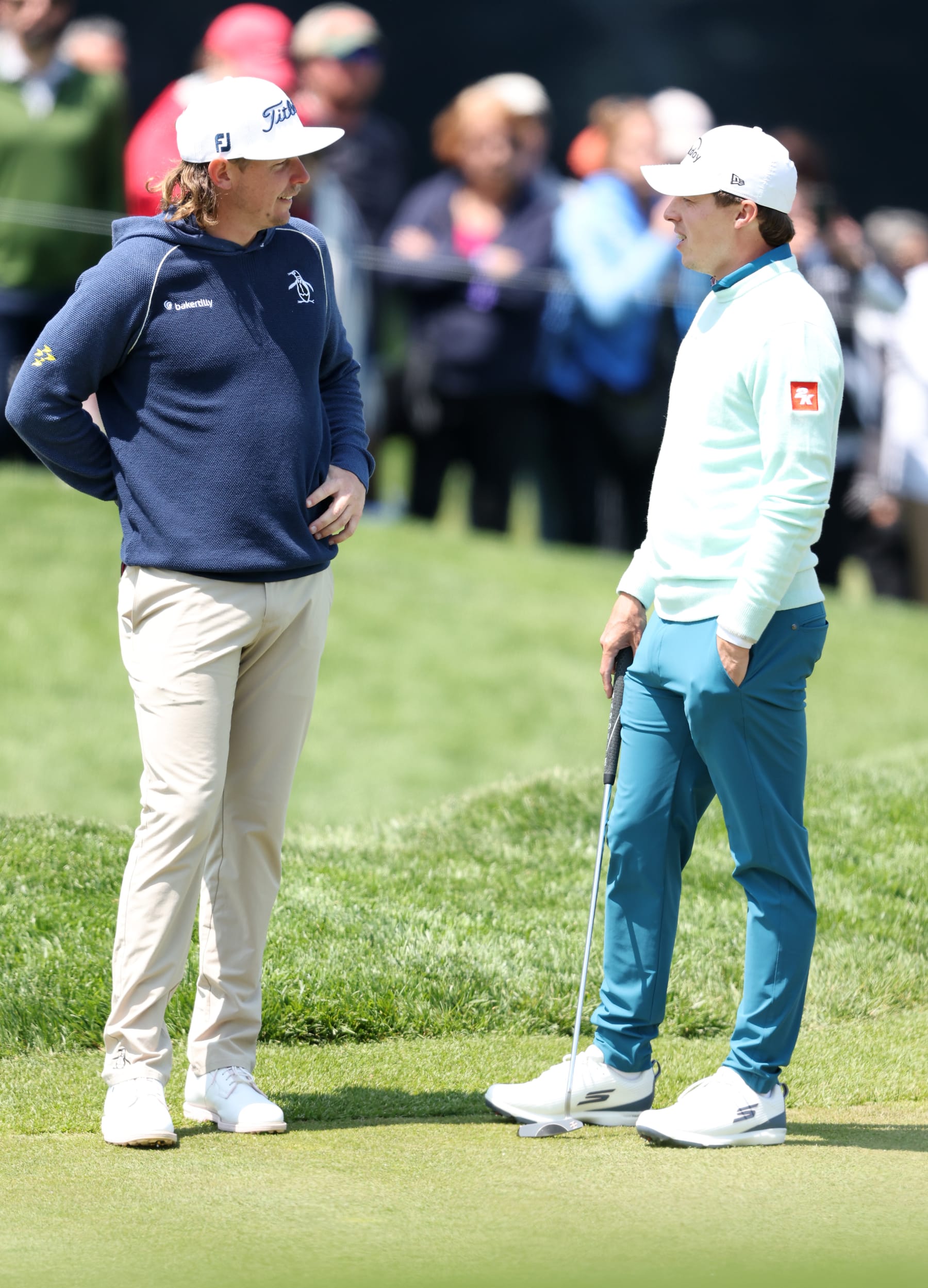 ROCHESTER, NEW YORK - MAY 18: (L-R) Cameron Smith of Australia talks with Matt Fitzpatrick of England on the 17th green during the first round of the 2023 PGA Championship at Oak Hill Country Club on May 18, 2023 in Rochester, New York. (Photo by Warren Little/Getty Images)