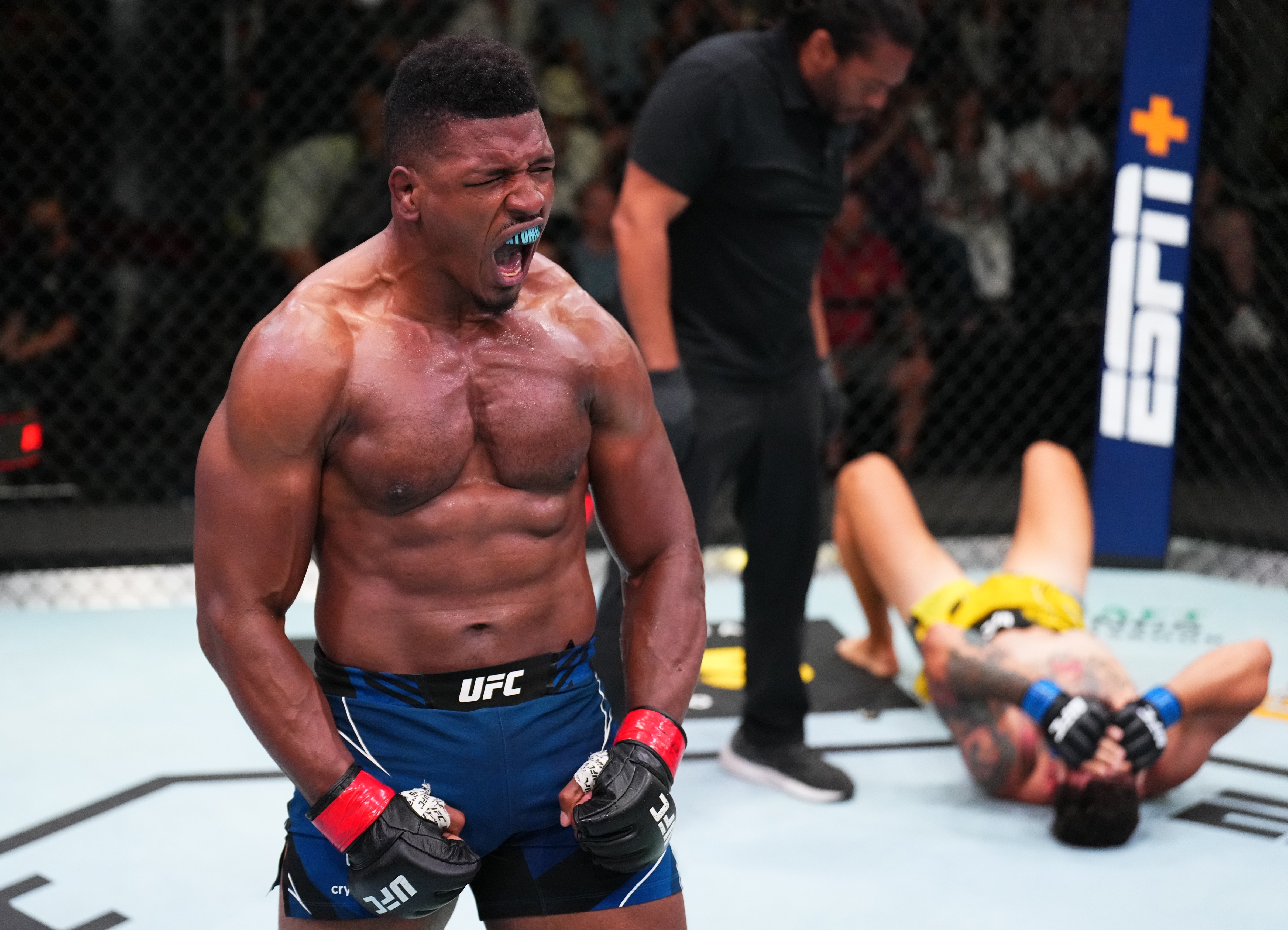 LAS VEGAS, NEVADA - JUNE 04: Alonzo Menifield celebrates after his knockout over Askar Mozharov of Ukraine in a light heavyweight fight during the UFC Fight Night event at UFC APEX on June 04, 2022 in Las Vegas, Nevada. (Photo by Chris Unger/Zuffa LLC)