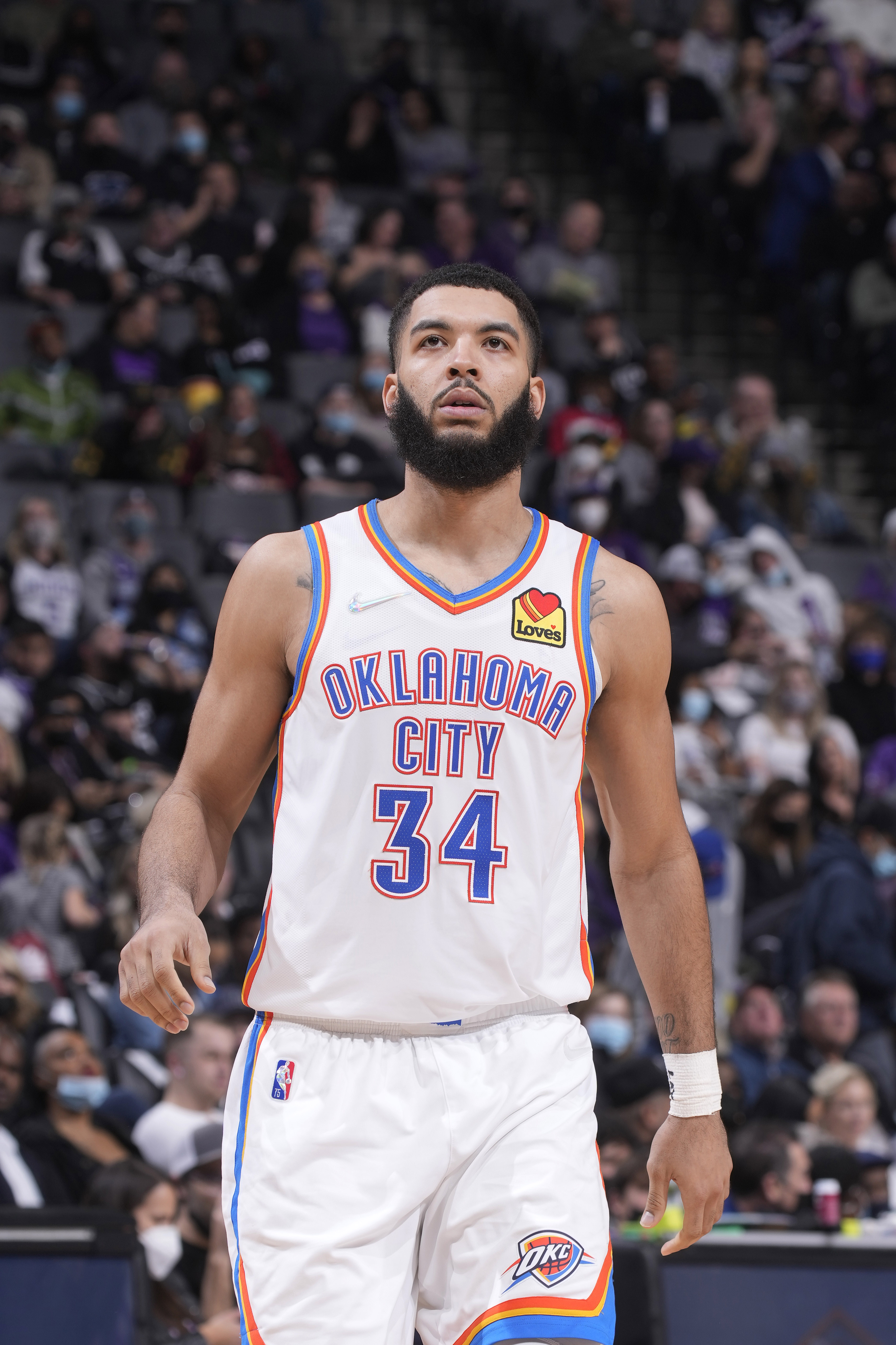 SACRAMENTO, CA - FEBRUARY 5: Kenrich Williams #34 of the Oklahoma City Thunder looks on during the game against the Sacramento Kings on February 5, 2022 at Golden 1 Center in Sacramento, California. NOTE TO USER: User expressly acknowledges and agrees that, by downloading and or using this photograph, User is consenting to the terms and conditions of the Getty Images Agreement. Mandatory Copyright Notice: Copyright 2022 NBAE (Photo by Rocky Widner/NBAE via Getty Images)