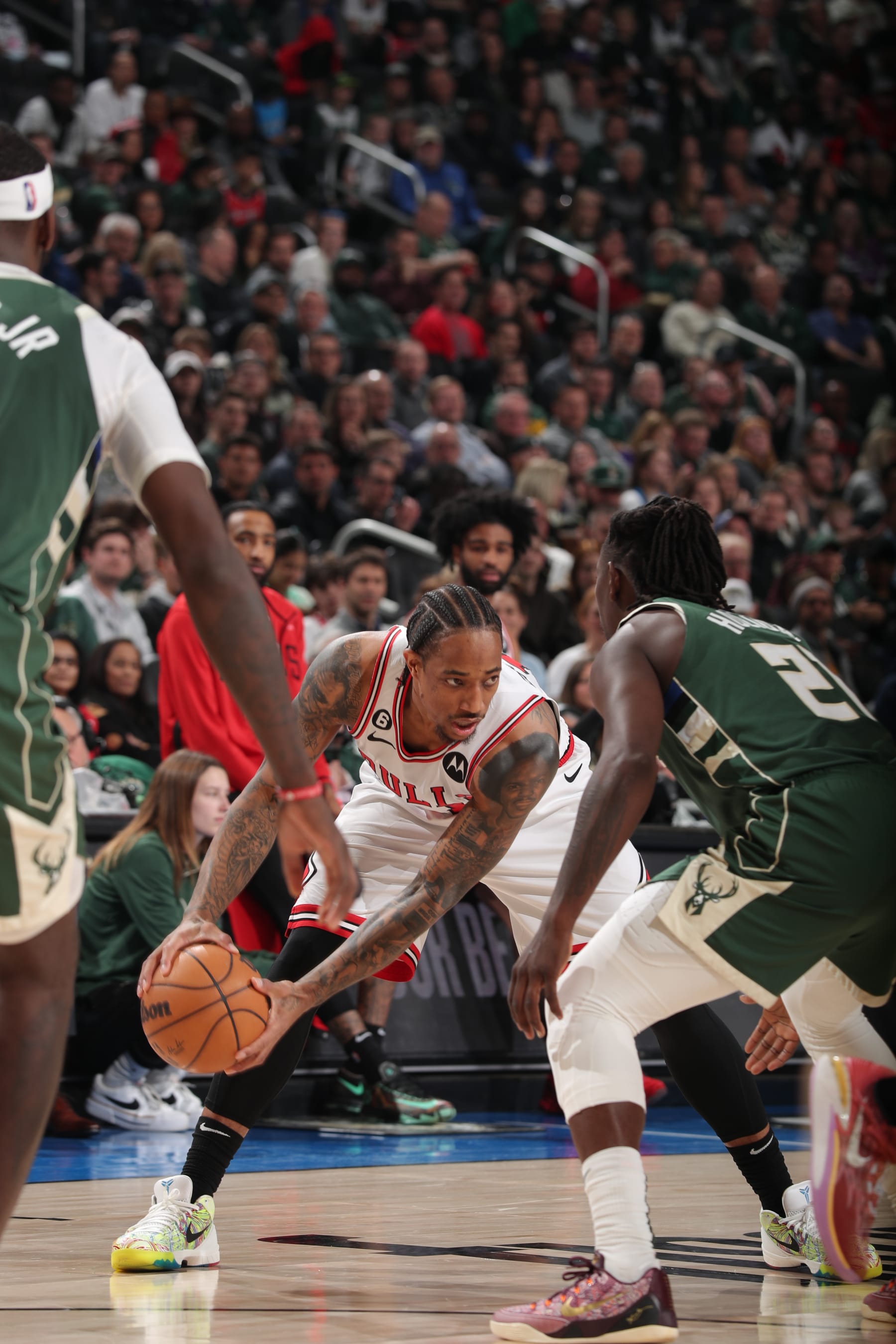 MILWAUKEE, WI - APRIL 5: DeMar DeRozan #11 of the Chicago Bulls handles the ball during the game against the Milwaukee Bucks on April 5, 2023 at the Fiserv Forum Center in Milwaukee, Wisconsin. NOTE TO USER: User expressly acknowledges and agrees that, by downloading and or using this Photograph, user is consenting to the terms and conditions of the Getty Images License Agreement. Mandatory Copyright Notice: Copyright 2023 NBAE (Photo by Gary Dineen/NBAE via Getty Images).