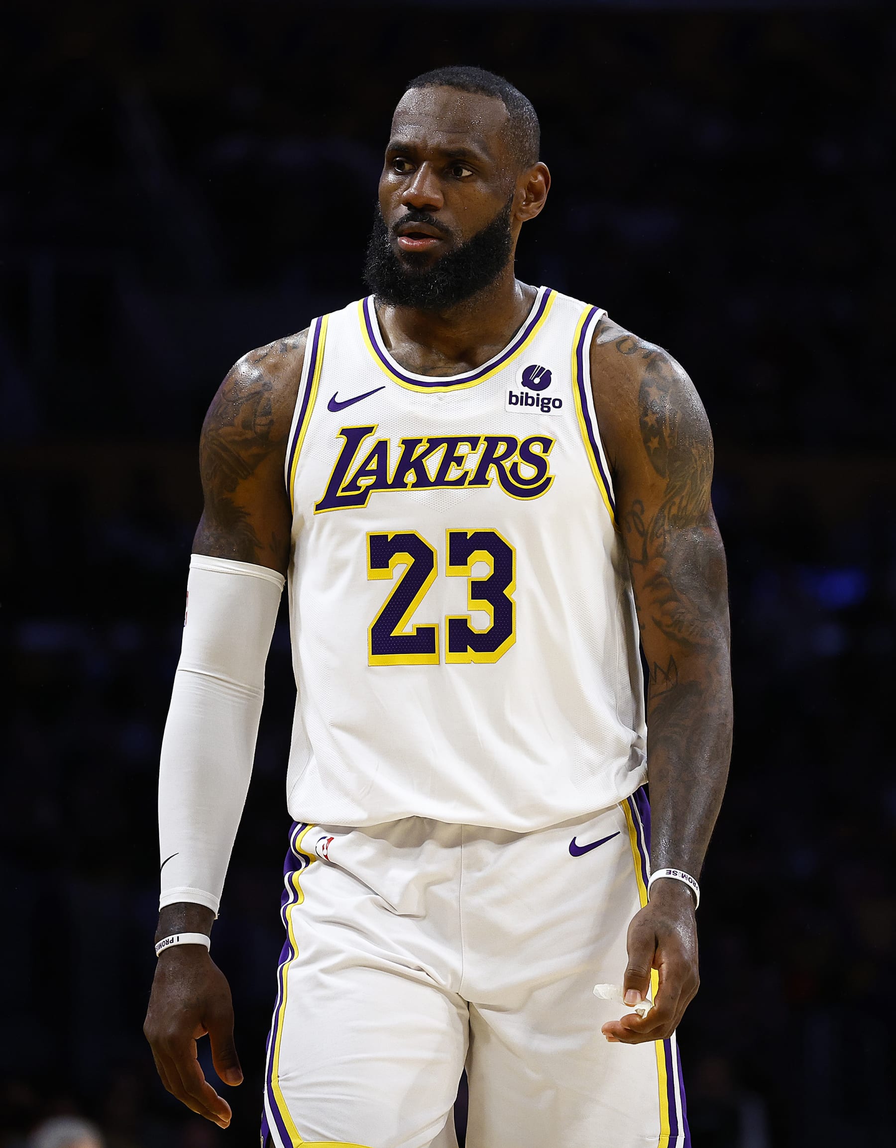 LOS ANGELES, CALIFORNIA - APRIL 27:  LeBron James #23 of the Los Angeles Lakers during game four of the Western Conference First Round Playoffs at Crypto.com Arena on April 27, 2024 in Los Angeles, California.  NOTE TO USER: User expressly acknowledges and agrees that, by downloading and/or using this photograph, user is consenting to the terms and conditions of the Getty Images License Agreement.  (Photo by Ronald Martinez/Getty Images)