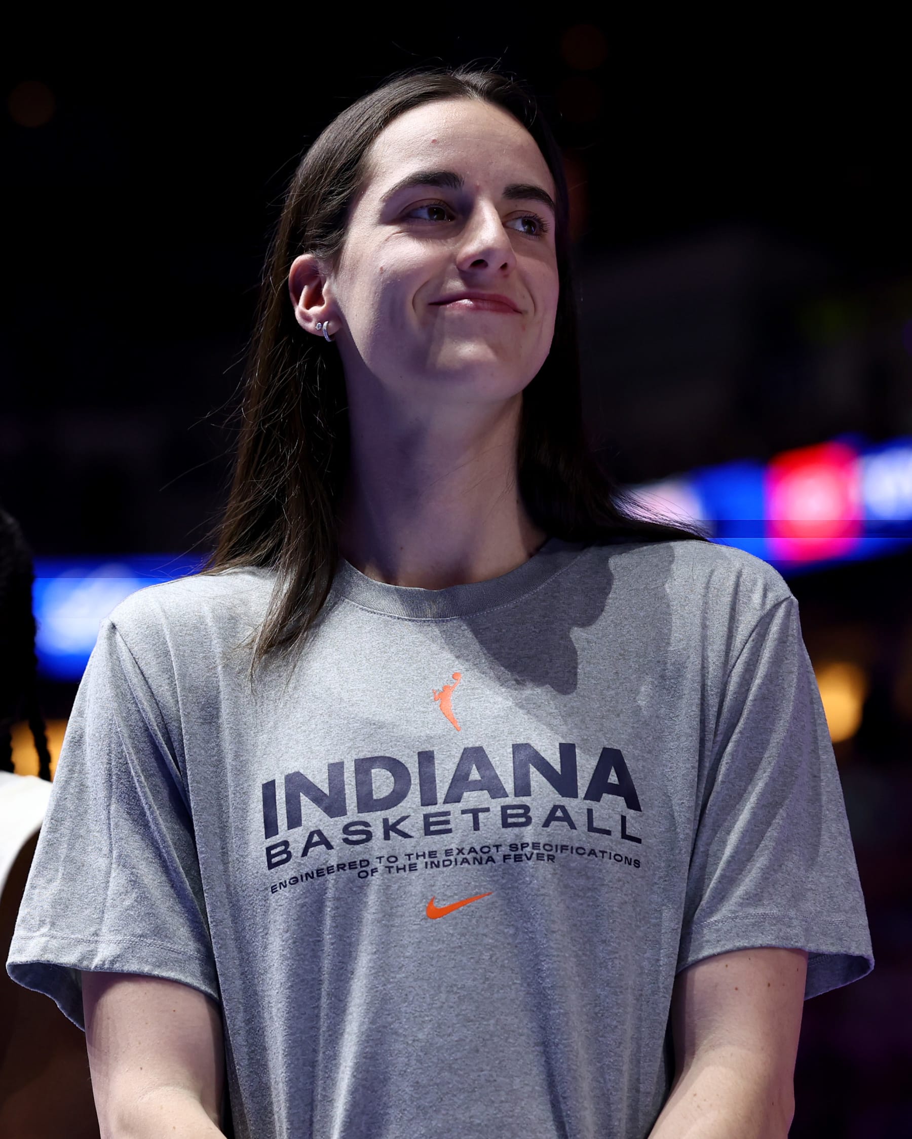 INDIANAPOLIS, INDIANA - JUNE 18: Caitlin Clark and the Indiana Fever are recognized before the evening session on Day Four of the 2024 U.S. Olympic Team Swimming Trials at Lucas Oil Stadium on June 18, 2024 in Indianapolis, Indiana. (Photo by Maddie Meyer/Getty Images)